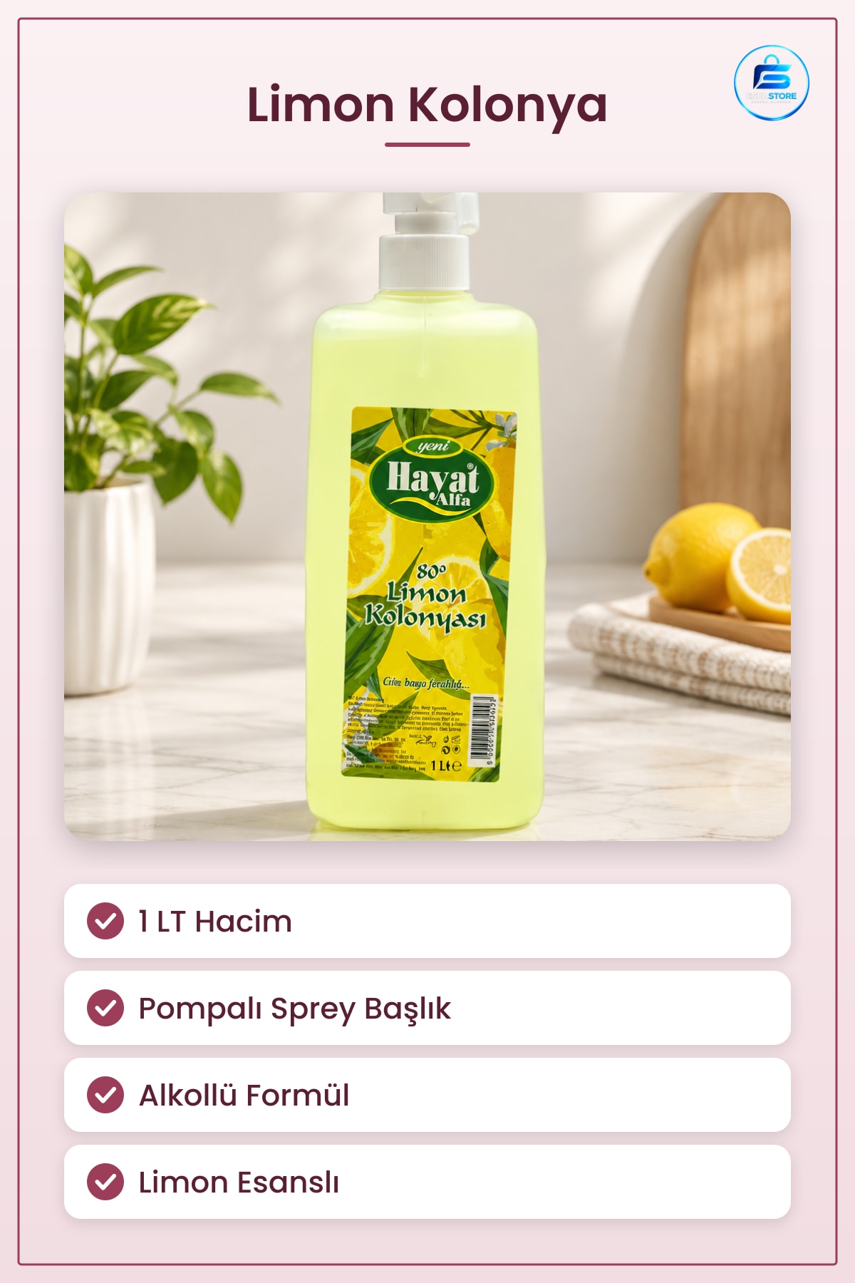 Limon Kolonya Pompalı Sprey 1 LT Alkollü Ferah Kokulu Misafir ve Günlük El Hijyeni İçin Pratik