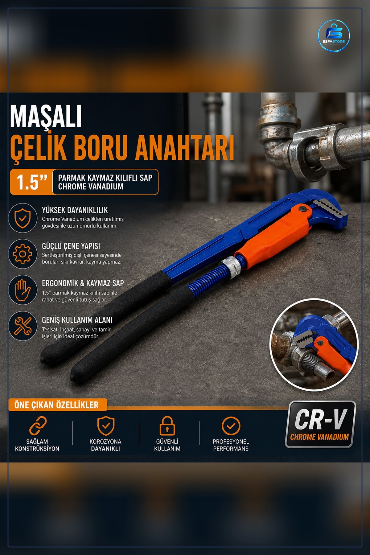 Maşalı Çelik Boru Anahtarı 1,5 inç CR-V Chrome Vanadium Kaymaz Sap Sıhhi Tesisat Hırdavat