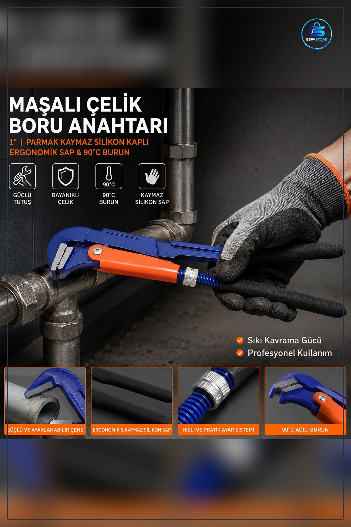 Boru Anahtarı 1 inç Çelik Maşalı ° Silikon Saplı Krom Vanadyum Tesisat Montaj Tamir Hırdavat