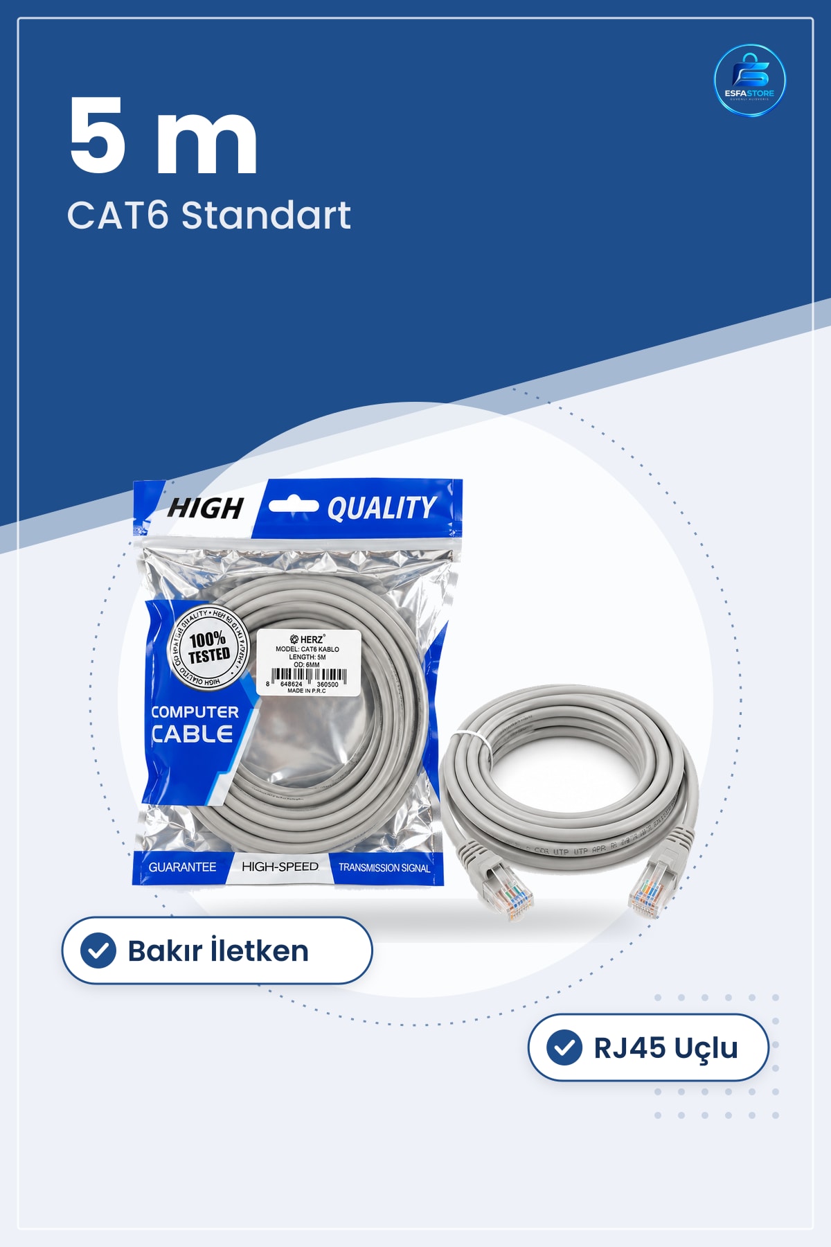 CAT6 Ethernet Kablo 5 m Yüksek Hız Bakır İletkenli RJ45 Modem Router Switch Oyun Konsolu Smart TV