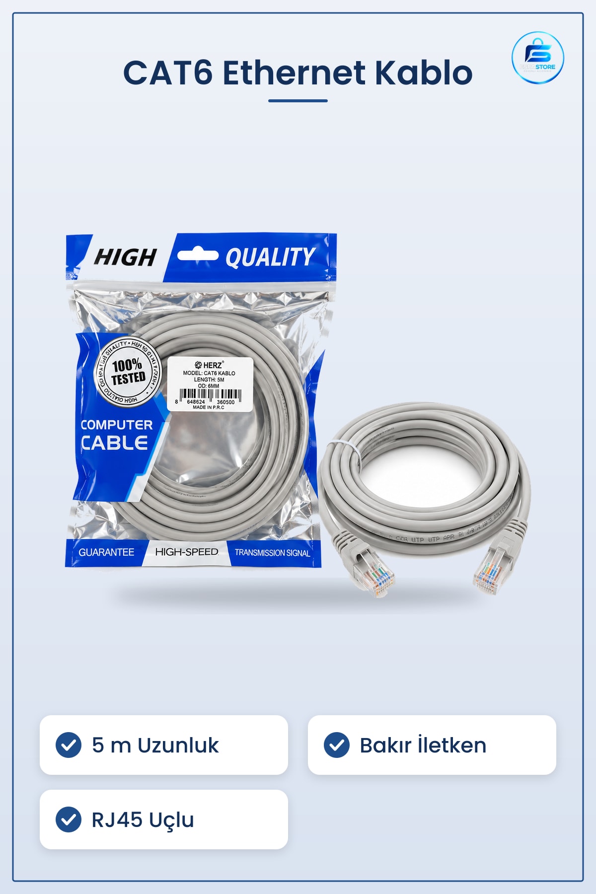 CAT6 Ethernet Kablo 5 m Yüksek Hız Bakır İletkenli RJ45 Modem Router Switch Oyun Konsolu Smart TV