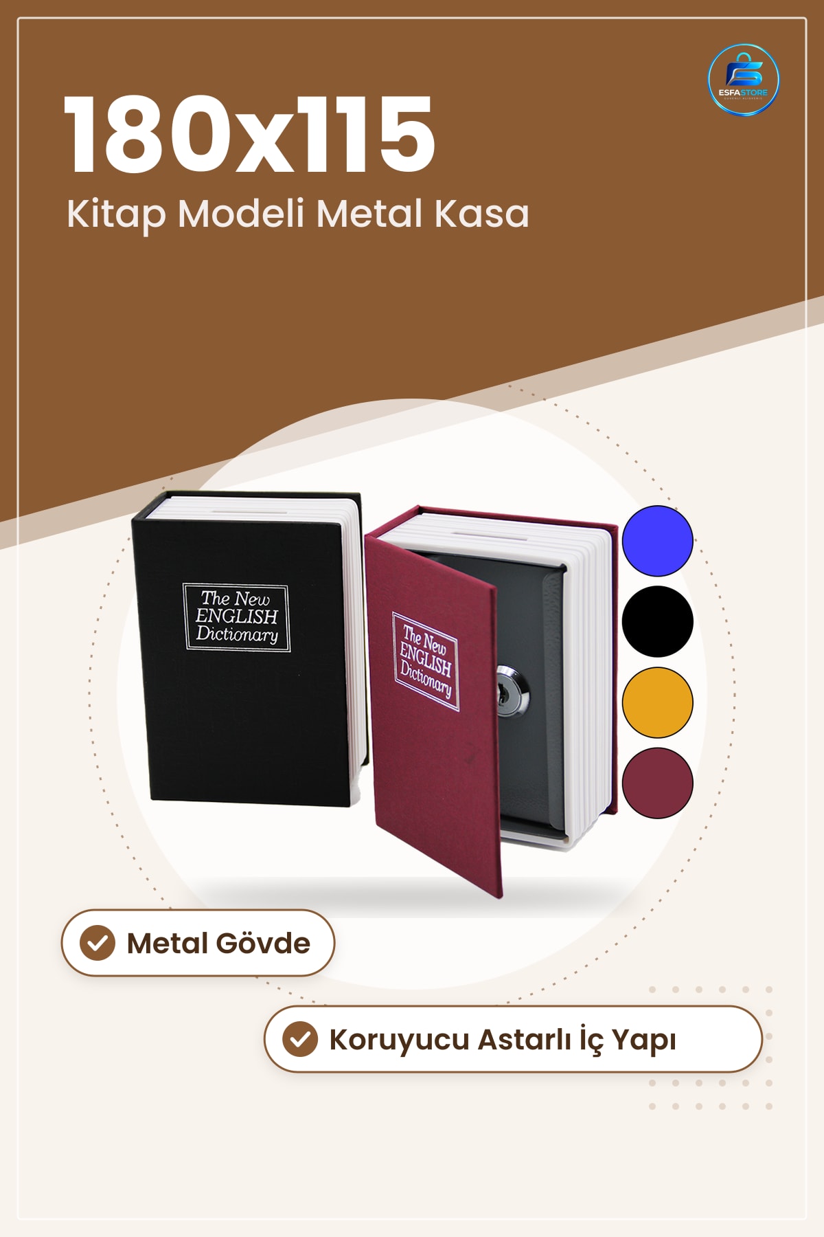 Kitap Modeli Kilitli Kasa 180x115x55 mm Gizli Kumbara Metal Ev Ofis Değerli Eşya Saklama