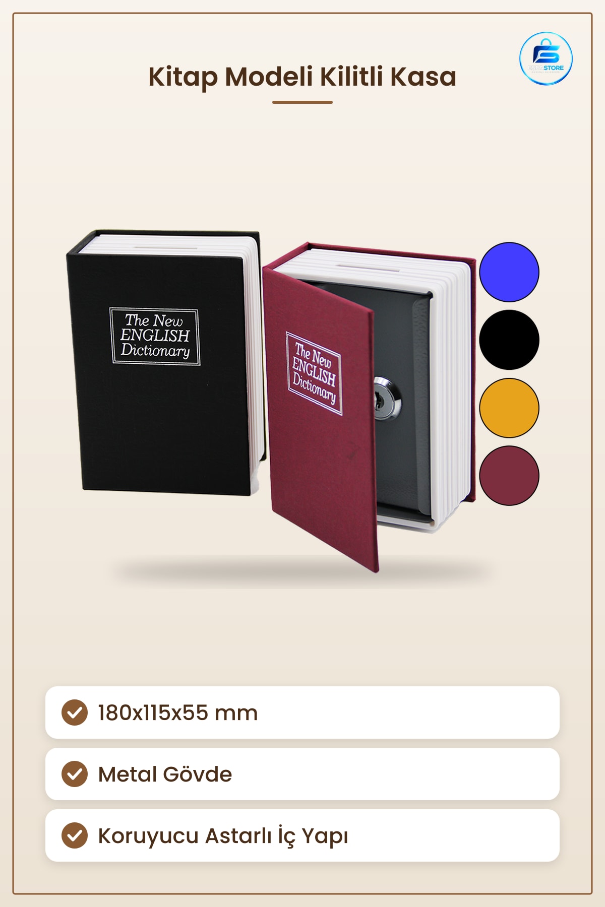Kitap Modeli Kilitli Kasa 180x115x55 mm Gizli Kumbara Metal Ev Ofis Değerli Eşya Saklama