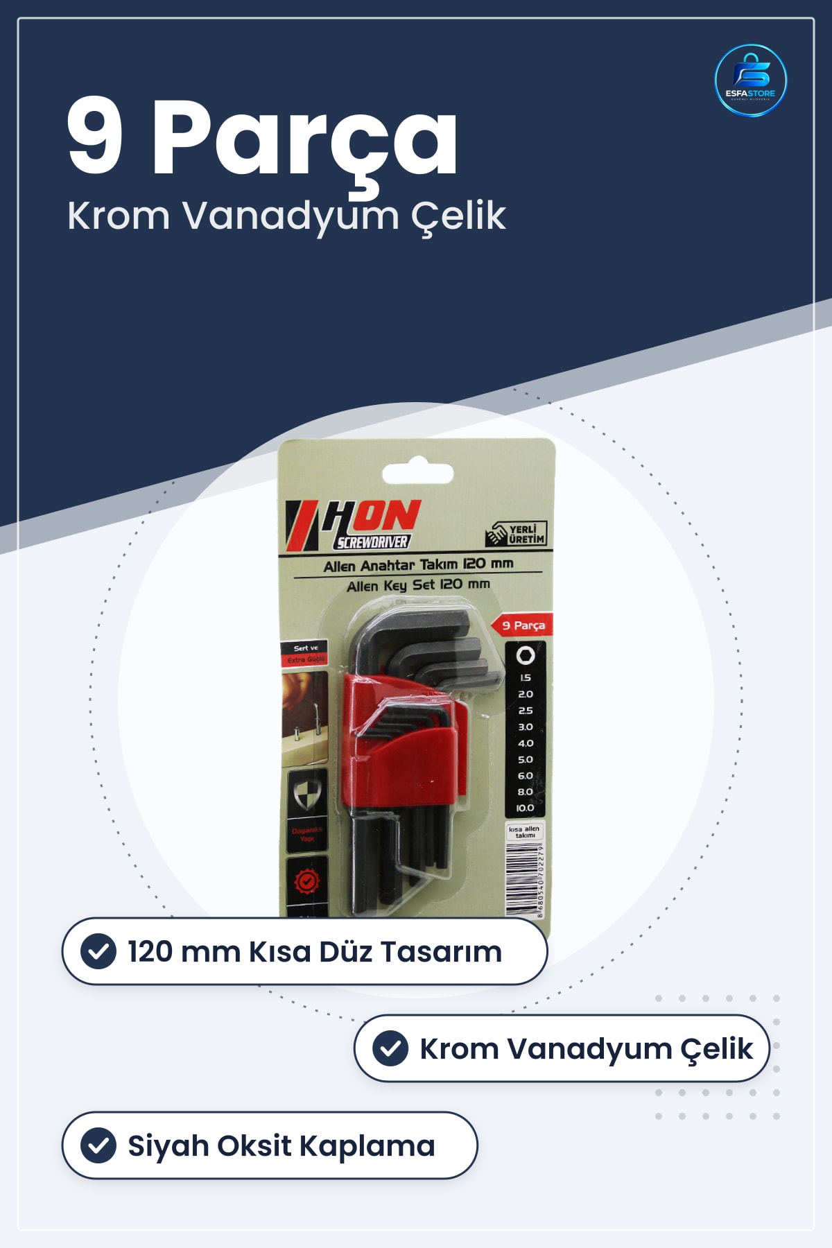 Alyan Anahtar Takımı Siyah Kısa Düz 120 mm 9 Parça Allen Krom Vanadyum Çelik Oksit Kaplı Set