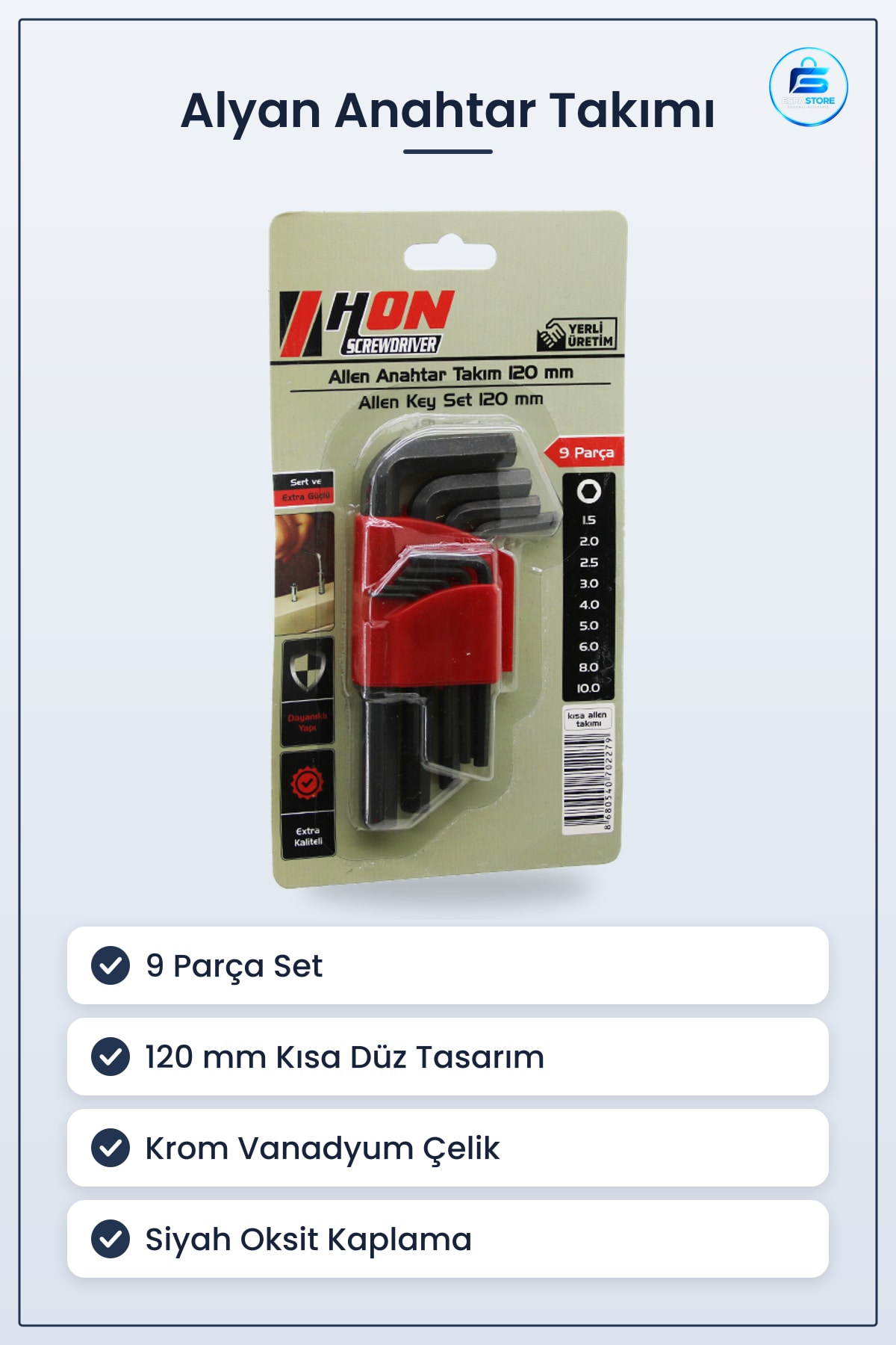Alyan Anahtar Takımı Siyah Kısa Düz 120 mm 9 Parça Allen Krom Vanadyum Çelik Oksit Kaplı Set