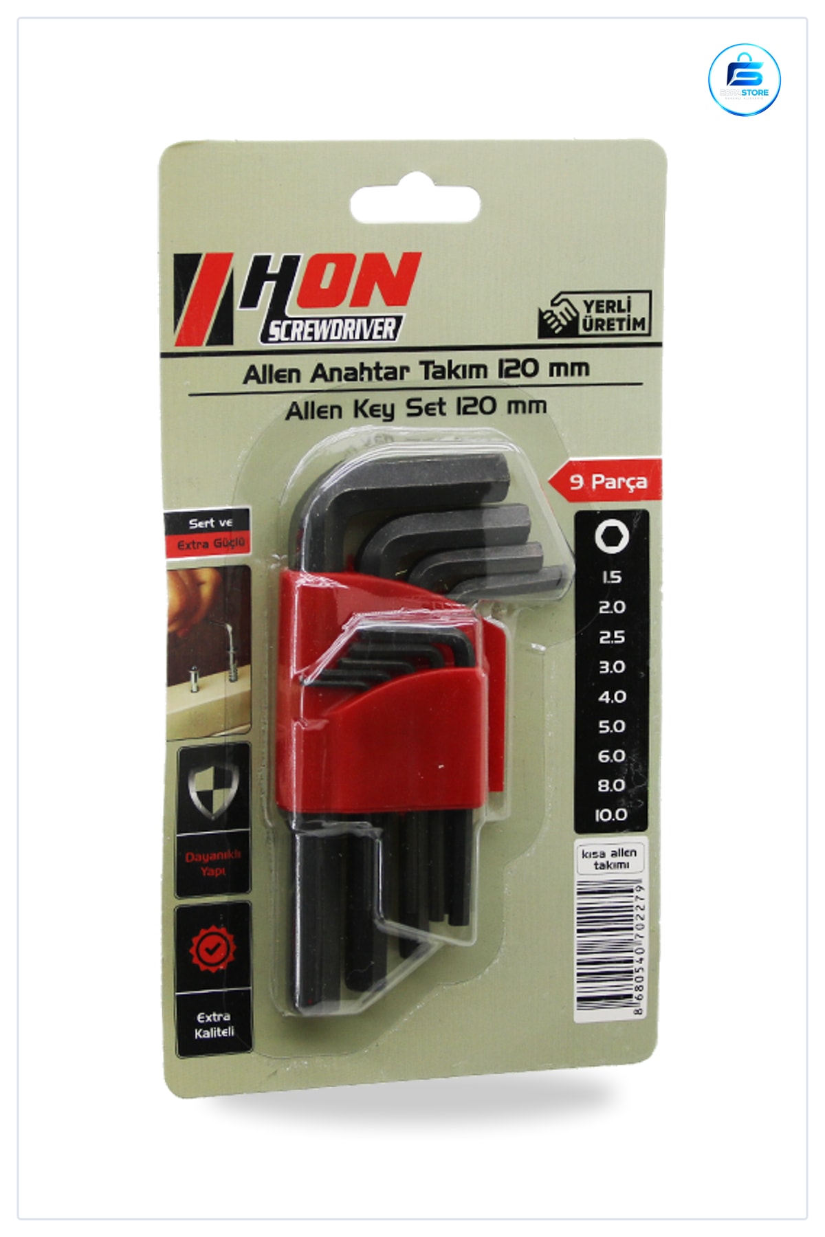 Alyan Anahtar Takımı Siyah Kısa Düz 120 mm 9 Parça Allen Krom Vanadyum Çelik Oksit Kaplı Set