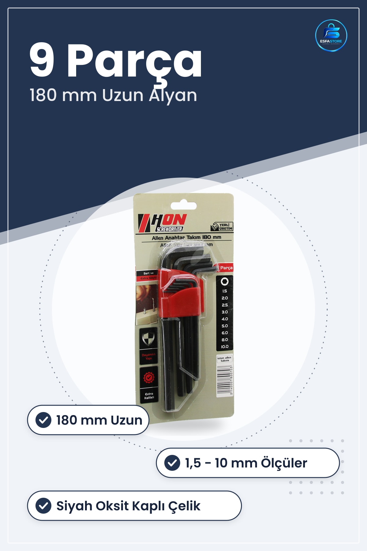 Alyan Anahtar Takımı Siyah Uzun 180 mm 9 Parça Allen Yüksek Karbon Çelik Oksit Kaplı Set