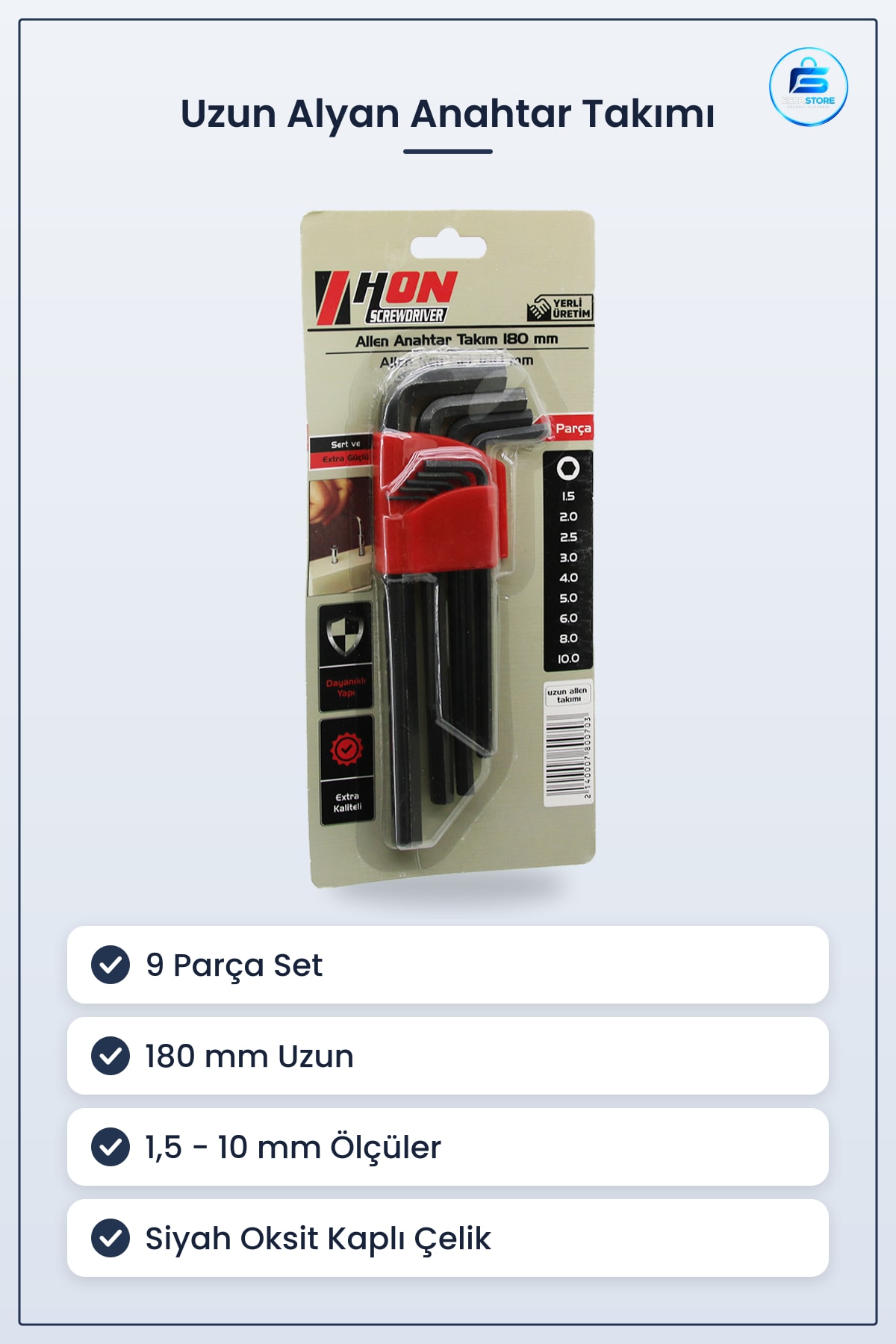 Alyan Anahtar Takımı Siyah Uzun 180 mm 9 Parça Allen Yüksek Karbon Çelik Oksit Kaplı Set
