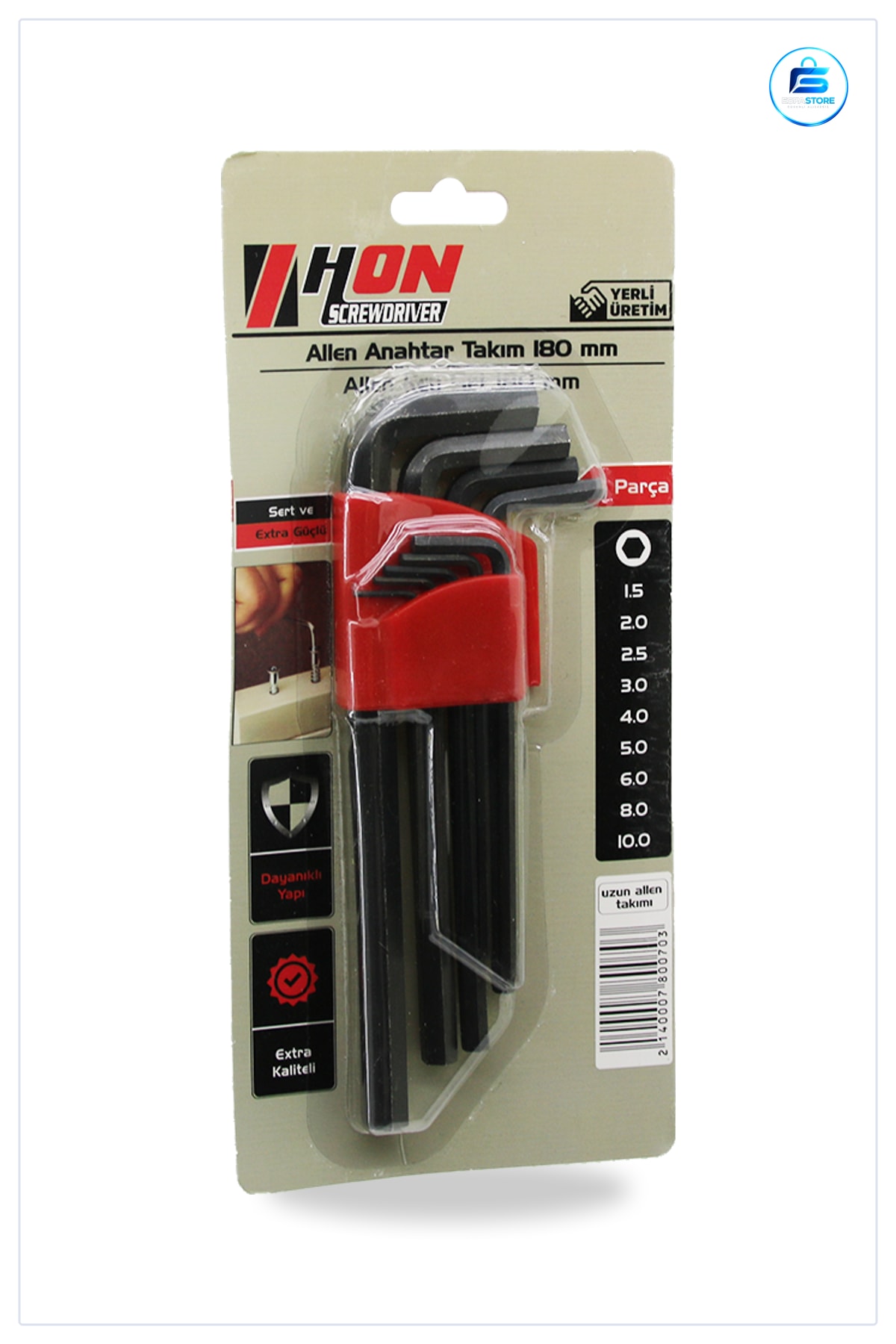 Alyan Anahtar Takımı Siyah Uzun 180 mm 9 Parça Allen Yüksek Karbon Çelik Oksit Kaplı Set