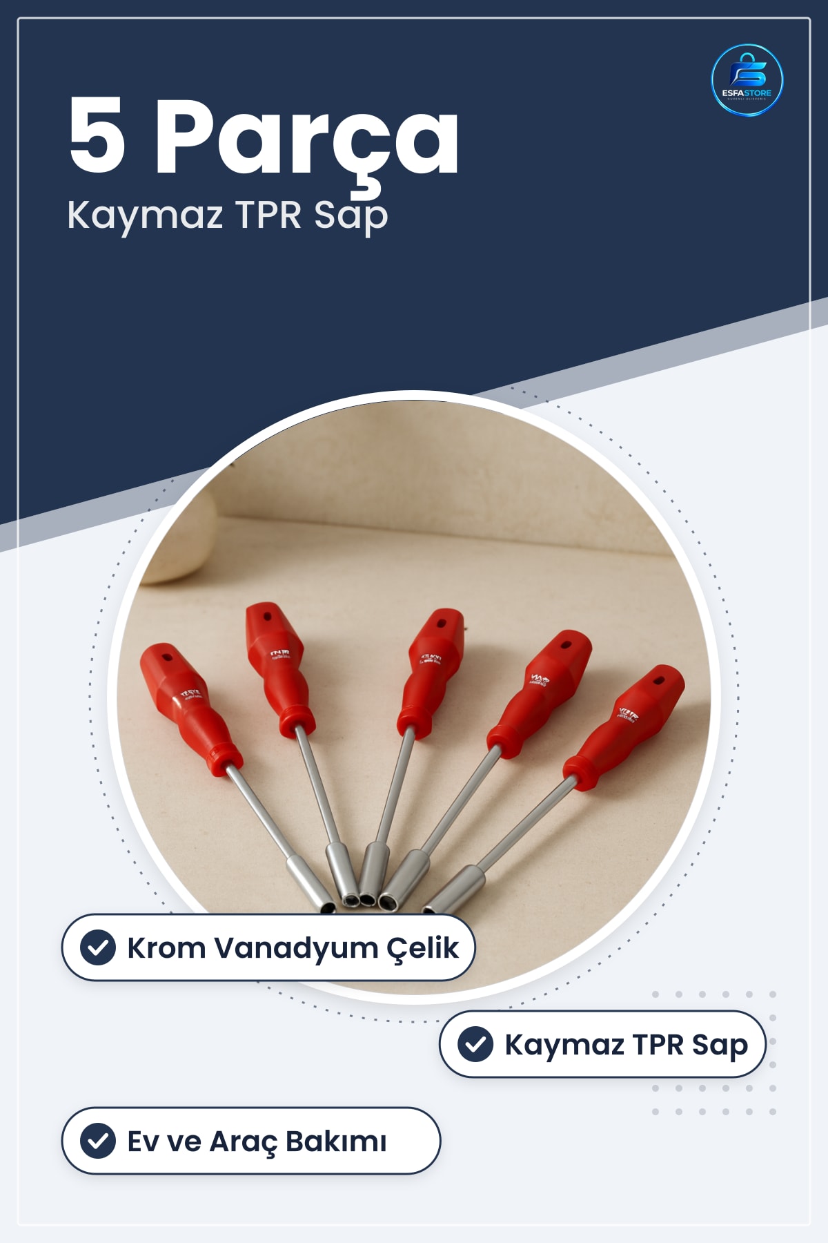 Lokma Tornavida Seti 5 Parça Krom Vanadyum Çelik Kaymaz TPR Sap Ev Tamiri Mobilya Montağı Araç Bakım