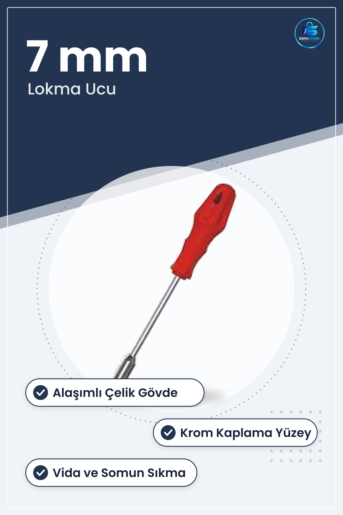 Lokma Uçlu Tornavida 7mm Alaşımlı Çelik Krom Kaplama Somun Vida Sıkma Gevşetme Ev Atölye