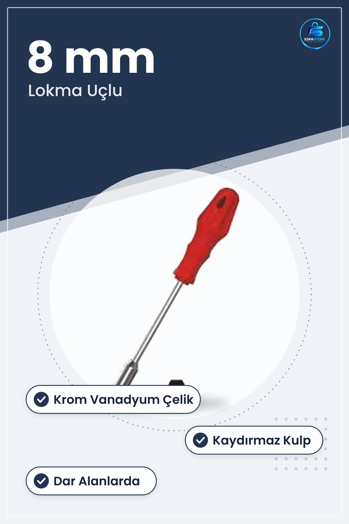 Lokma Uçlu Tornavida 8 mm Krom Vanadyum Çelik Altıgen Cvata Somun Sıkıştırma Gevşetme Dar Alan