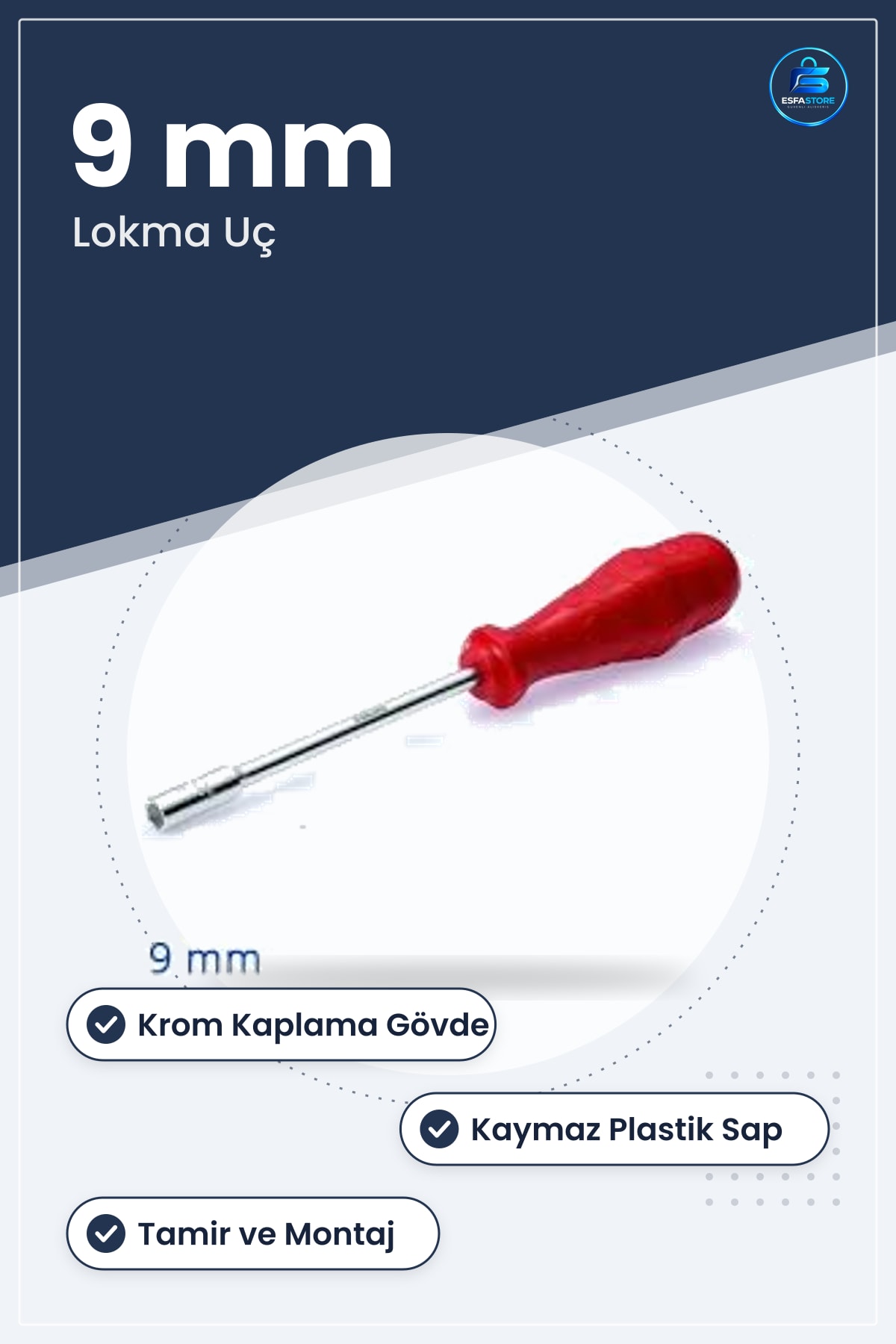 Lokma Uçlu Tornavida 9mm Alaşımlı Çelik Krom Kaplama Gövde Kaymaz Sap Tamir Montaj Bakım