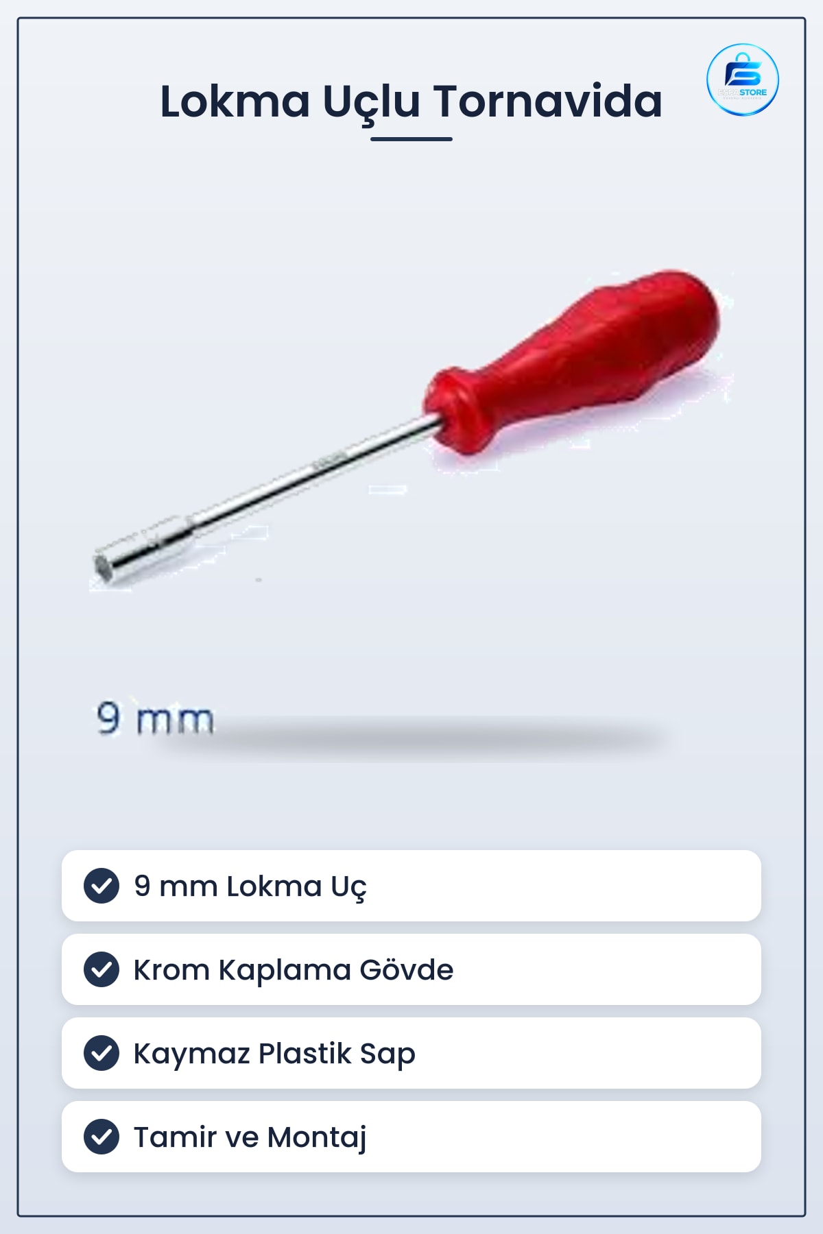 Lokma Uçlu Tornavida 9mm Alaşımlı Çelik Krom Kaplama Gövde Kaymaz Sap Tamir Montaj Bakım