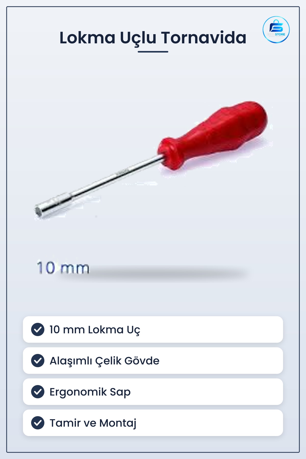 Lokma Uçlu Tornavida 10 mm Alaşımlı Çelik Gövde Ergonomik Sap Tamir Montaj Bakım Atölye
