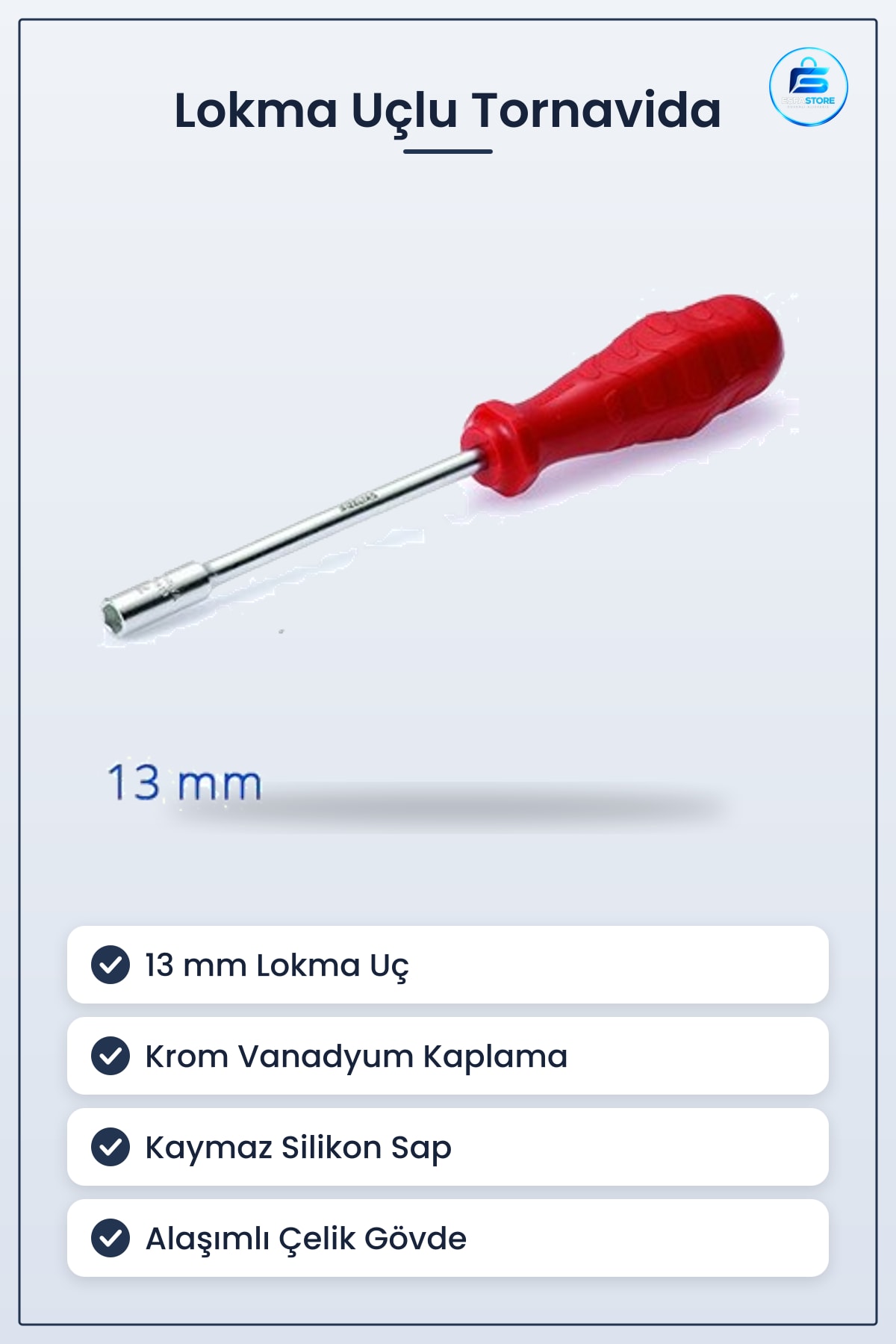 Lokma Uçlu Tornavida 13 mm Krom Vanadyum Kaplama Kaymaz Silikon Saplı Hırdavat El Aleti