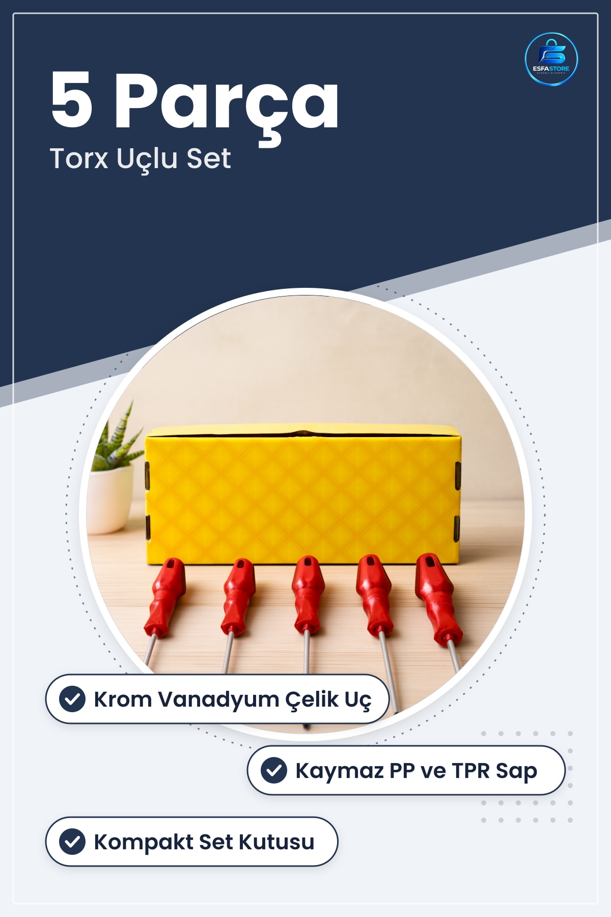 Tornavida Seti 5 Parça Torx Tork Krom Vanadyum Çelik Kaymaz Saplı Elektronik Otomotiv Atölye