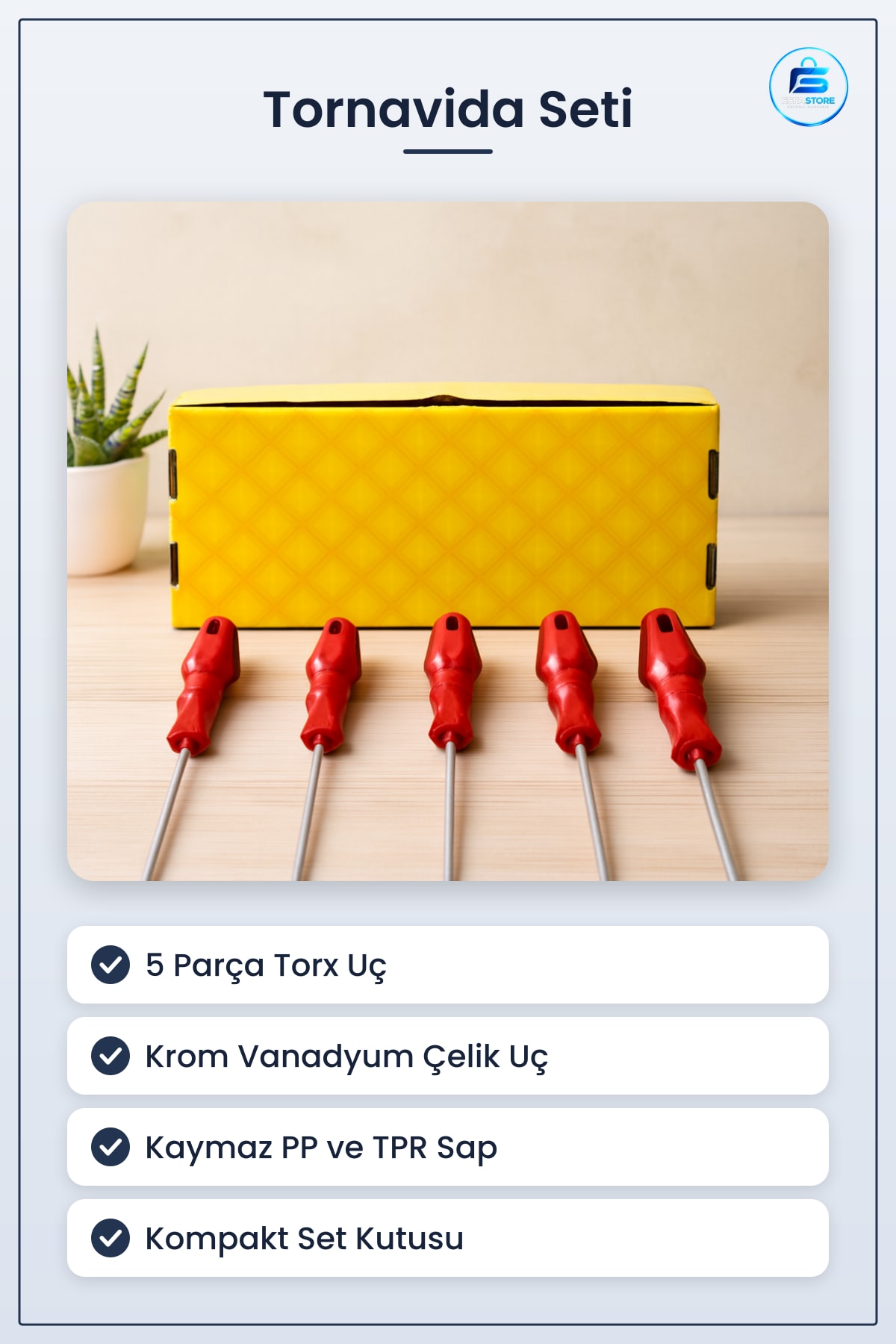 Tornavida Seti 5 Parça Torx Tork Krom Vanadyum Çelik Kaymaz Saplı Elektronik Otomotiv Atölye