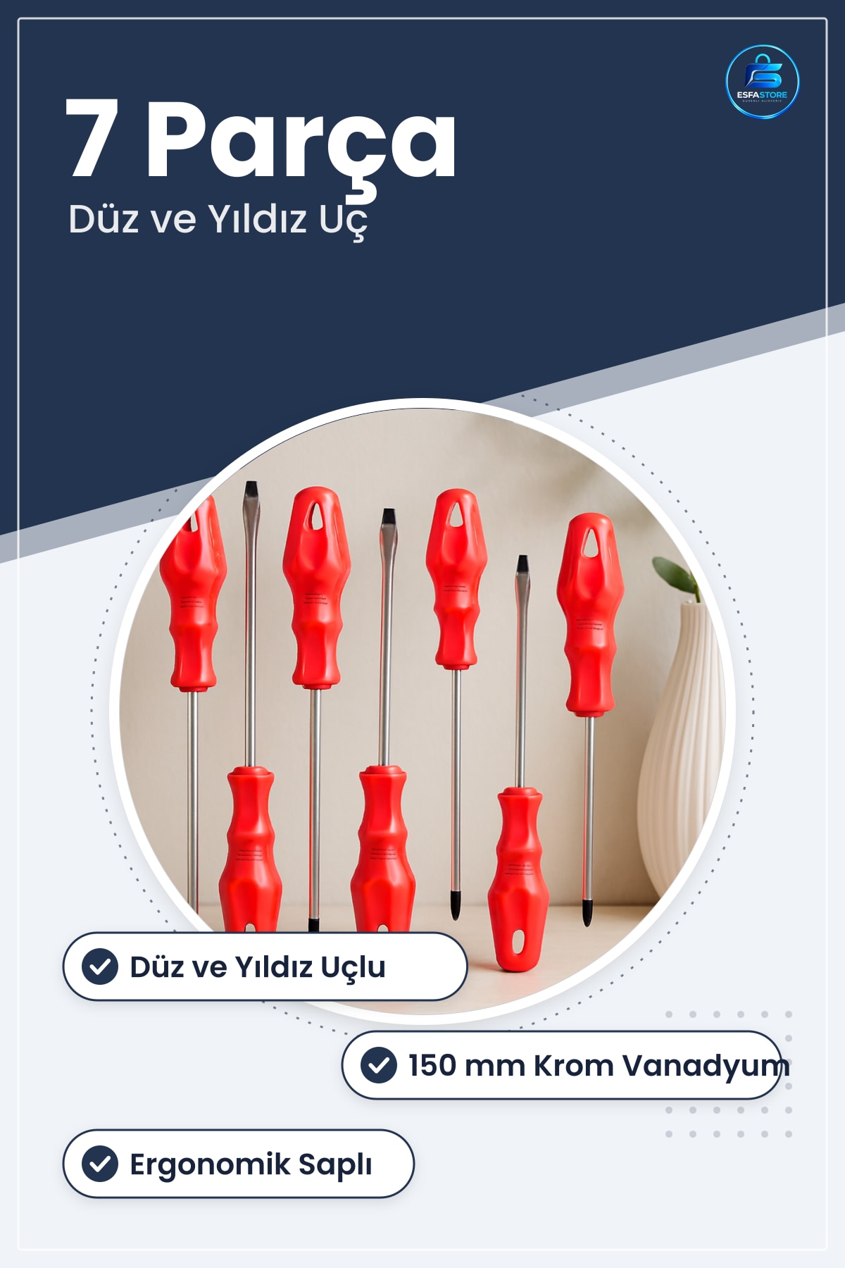 7 Parça Düz ve Yıldız Tornavida Seti 150 mm Krom Vanadyum Kaymaz Saplı Atölye Tamir