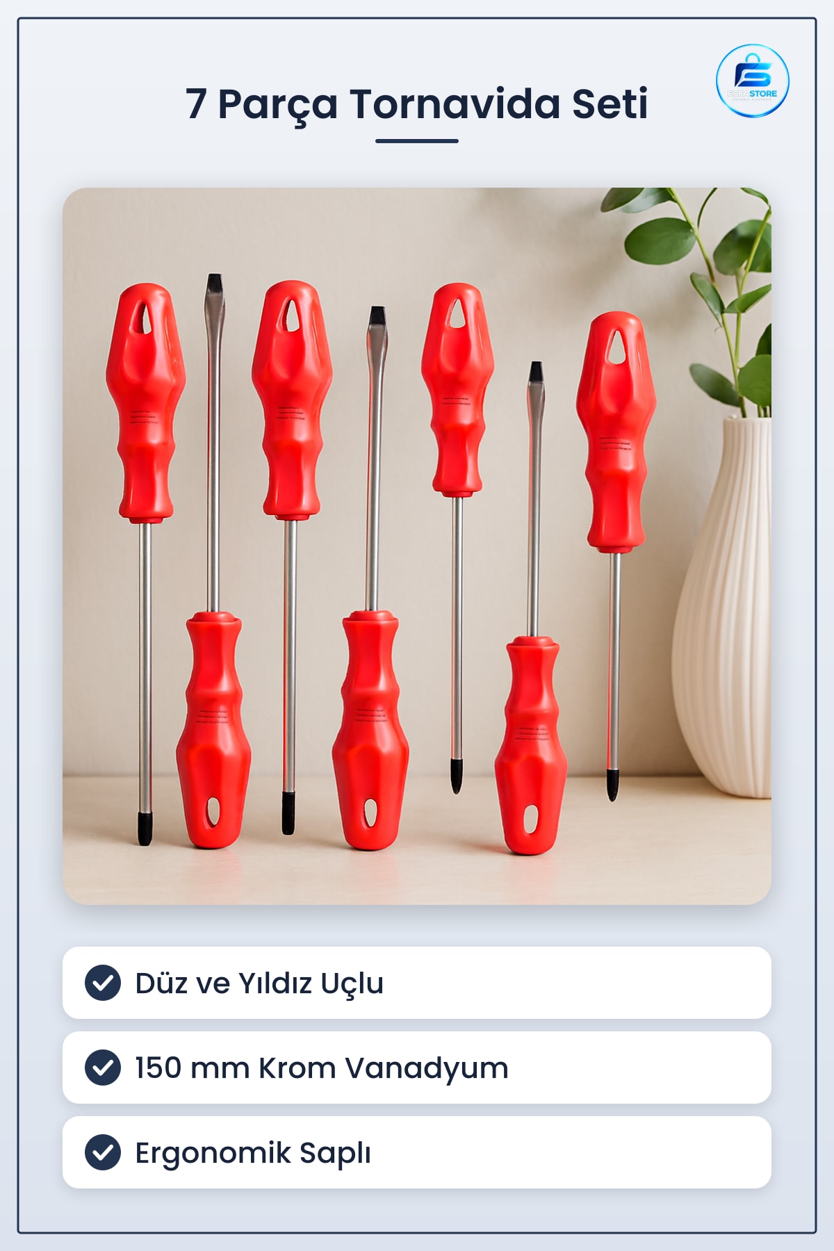 7 Parça Düz ve Yıldız Tornavida Seti 150 mm Krom Vanadyum Kaymaz Saplı Atölye Tamir
