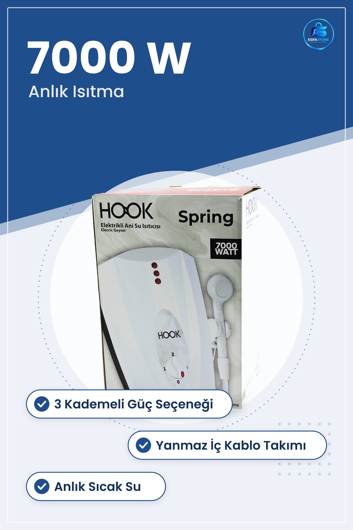 Elektrikli Şofben 7000W 3 Kademeli Anlık Sıcak Su Duş Lavabo Hazızlı Isıtma Yanmaz İç Kablolu