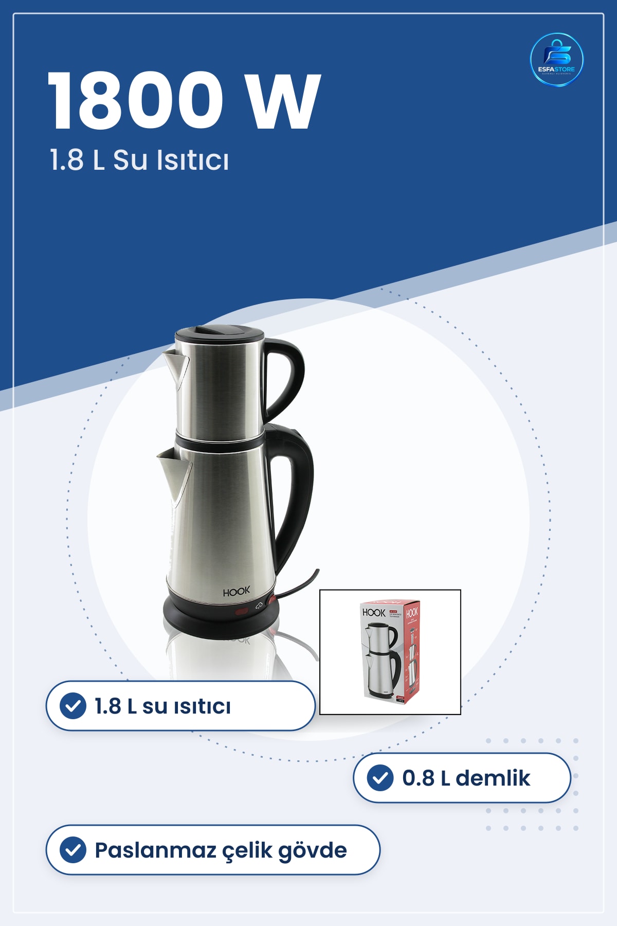 Elektrikli Çay Makinesi 1.8L Su Iısıtıcı 0.8L Demlik 1800W Paslanmaz Çelik Ev Ofis Mutfak