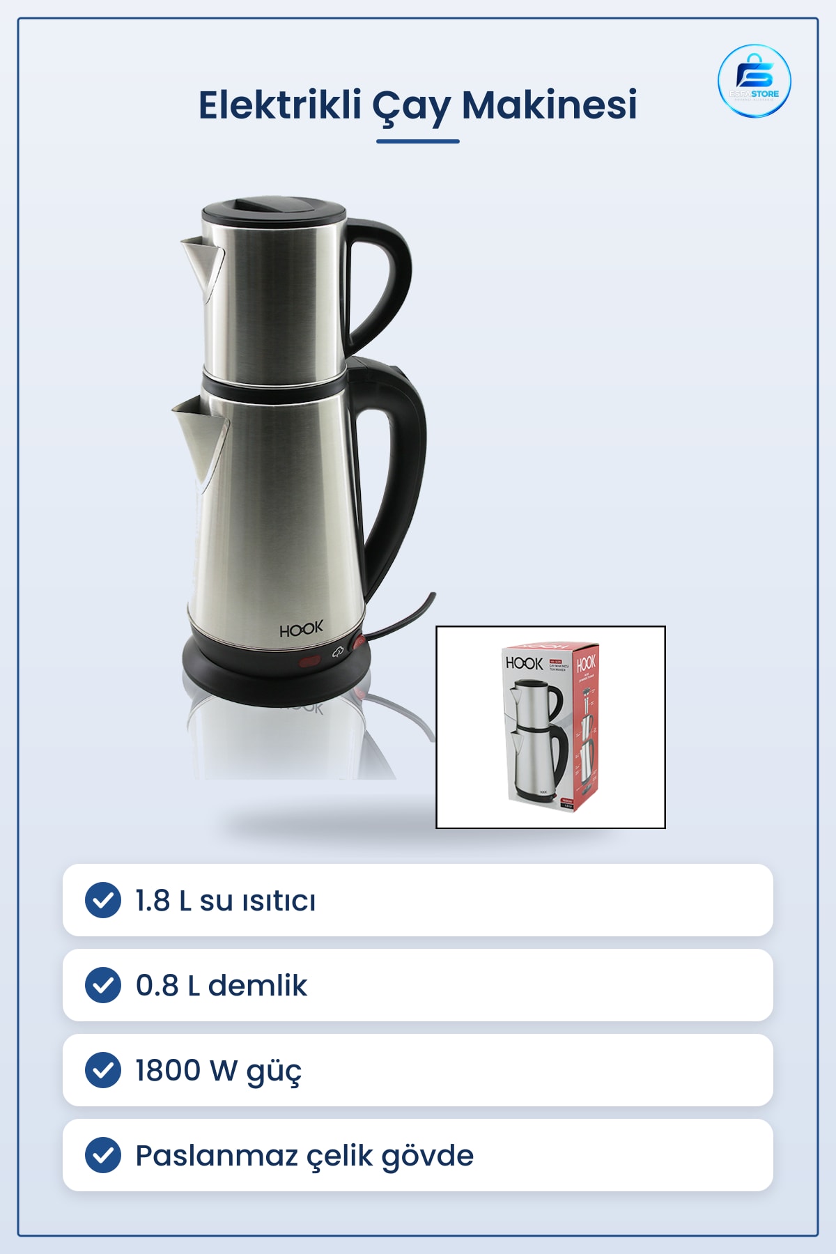 Elektrikli Çay Makinesi 1.8L Su Iısıtıcı 0.8L Demlik 1800W Paslanmaz Çelik Ev Ofis Mutfak