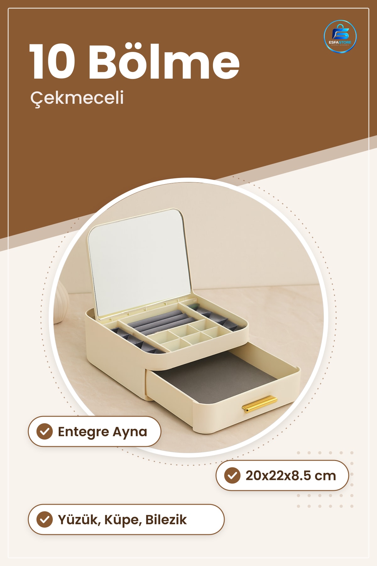 Aynalı Takı Organizeri 10 Bölmeli Çekmeceli 20x22x8.5 cm Makyaj Masası Düzenleyici Kutu