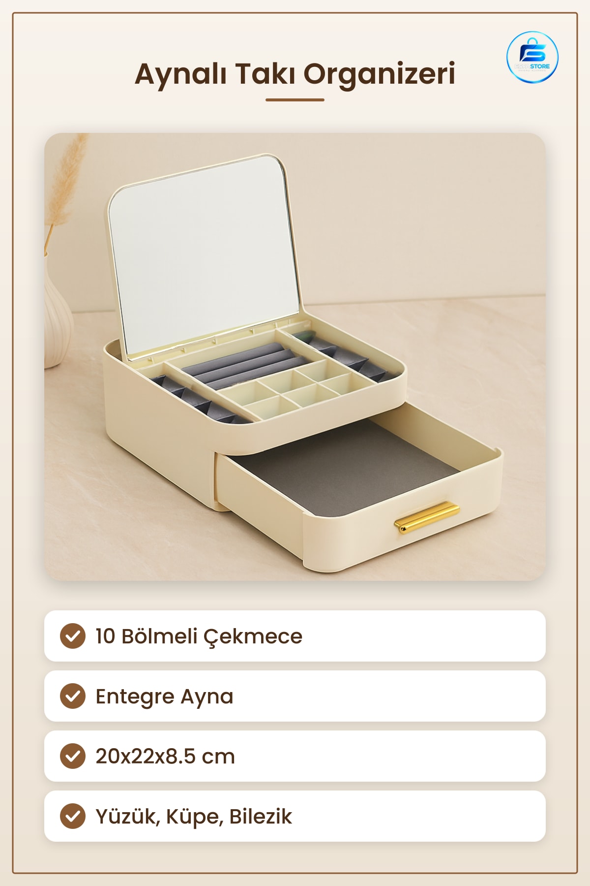 Aynalı Takı Organizeri 10 Bölmeli Çekmeceli 20x22x8.5 cm Makyaj Masası Düzenleyici Kutu