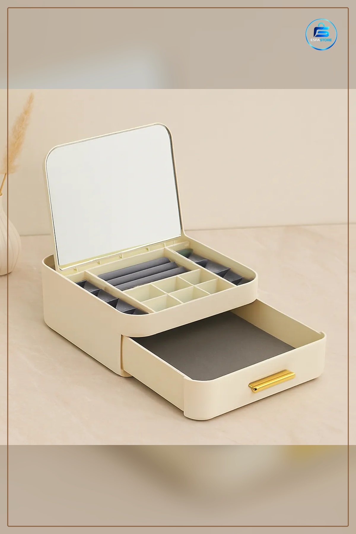 Aynalı Takı Organizeri 10 Bölmeli Çekmeceli 20x22x8.5 cm Makyaj Masası Düzenleyici Kutu