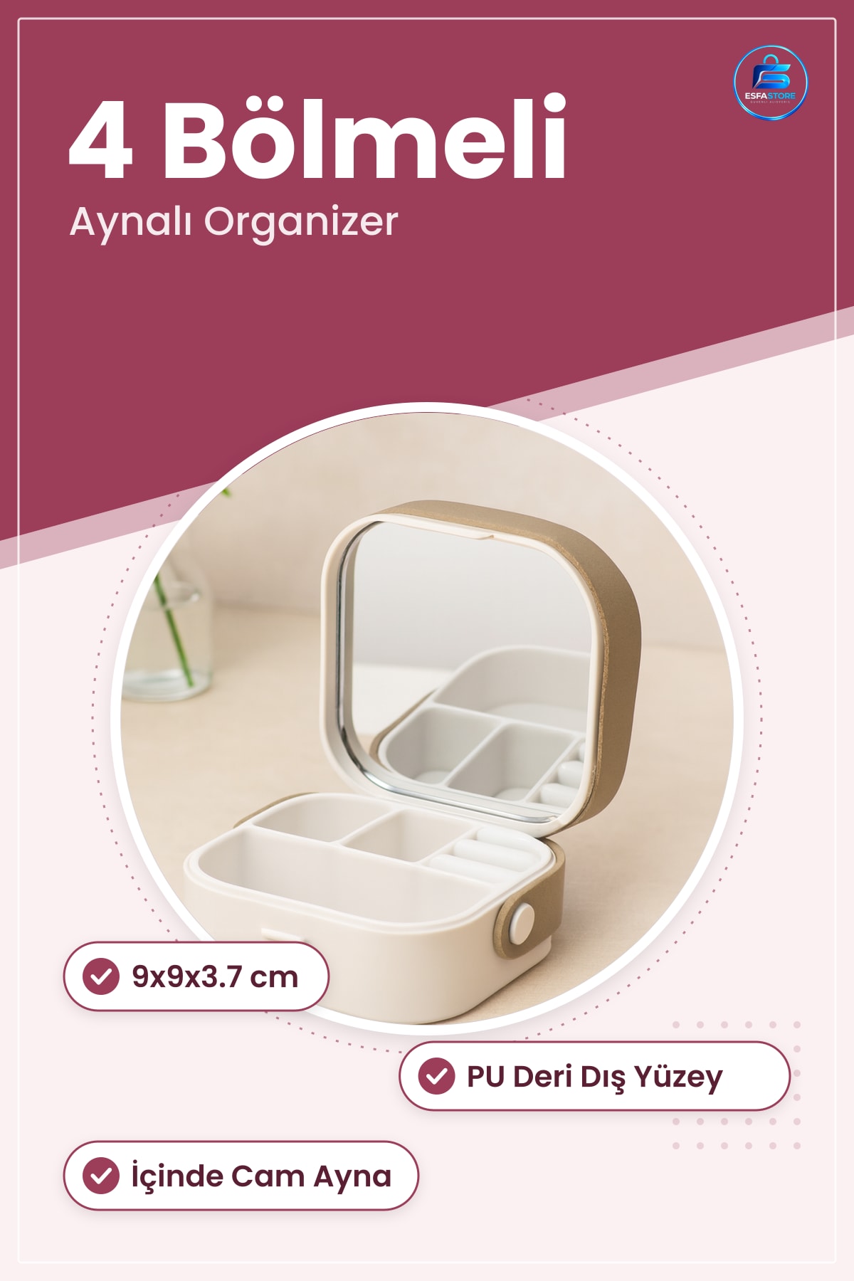 Makyaj Çantası Aynalı Organizer 9x9x3.7 cm 4 Bölmeli Takı Saklama Taşınabilir Seyahat Kutusu