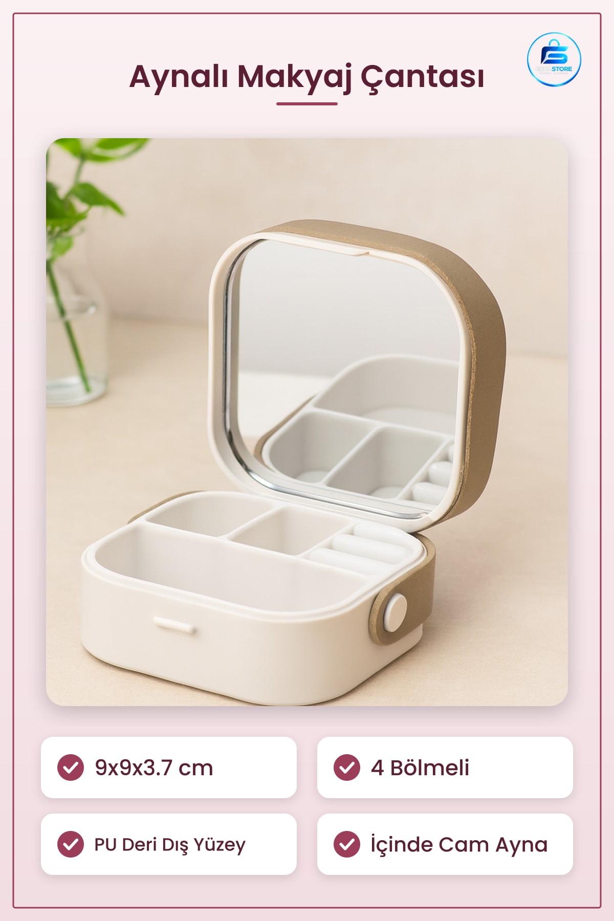 Makyaj Çantası Aynalı Organizer 9x9x3.7 cm 4 Bölmeli Takı Saklama Taşınabilir Seyahat Kutusu