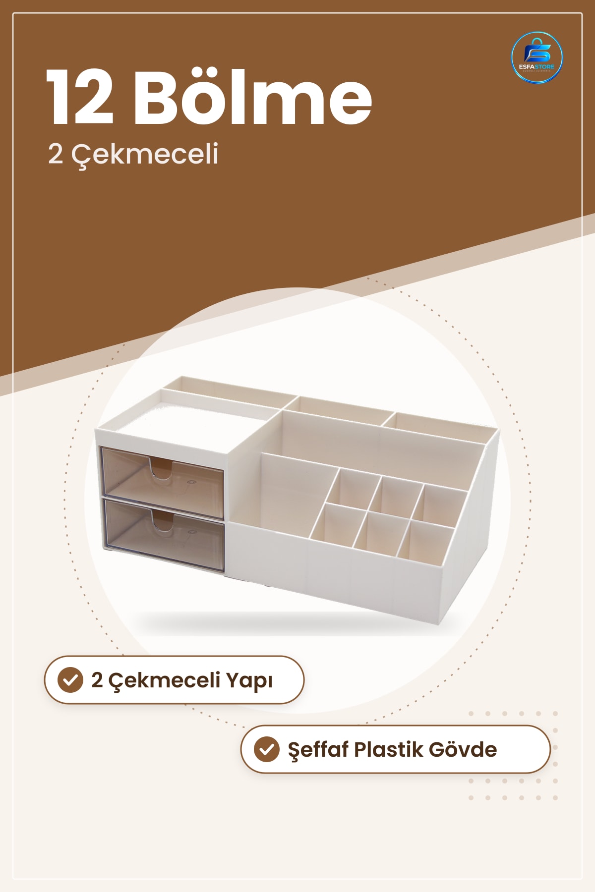 Makyaj ve Takı Organizeri 2 Çekmeceli 12 Bölmeli Plastik Masa Üstü Düzenleyici Kozmetik Kutusu