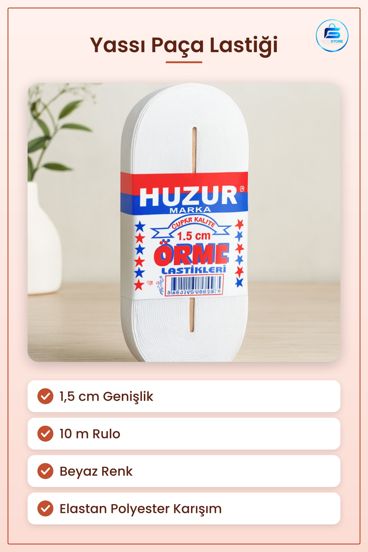 Paça Lastikı Yassı 1,5 cm Beyaz 10 m Örme Elastik Dekoratif Şerit Dikiş Hobi Malzemesi