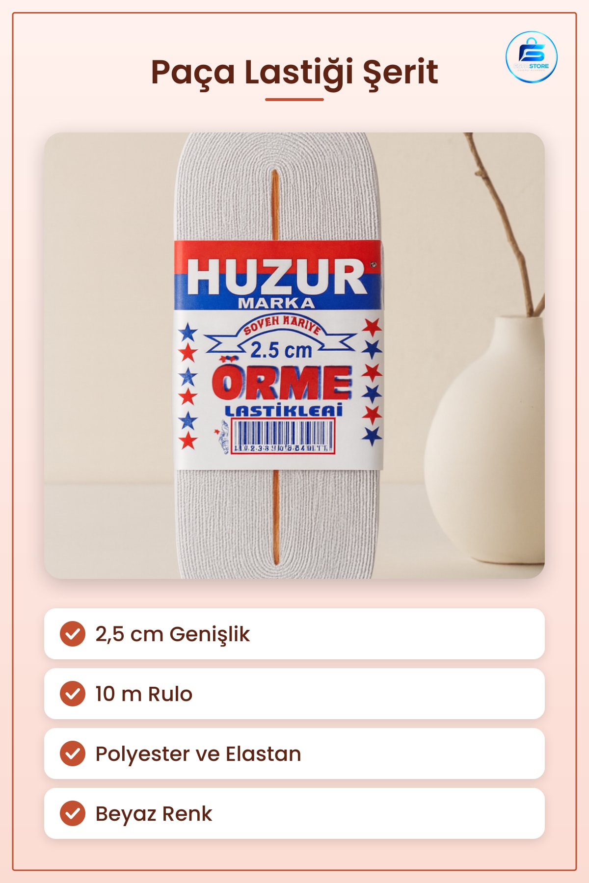 Beyaz Paça Lastiği Şerit 2,5 cm 10 m Örme Elastik Dikiş Malzemesi Terzi Pantolon Tulum Etek