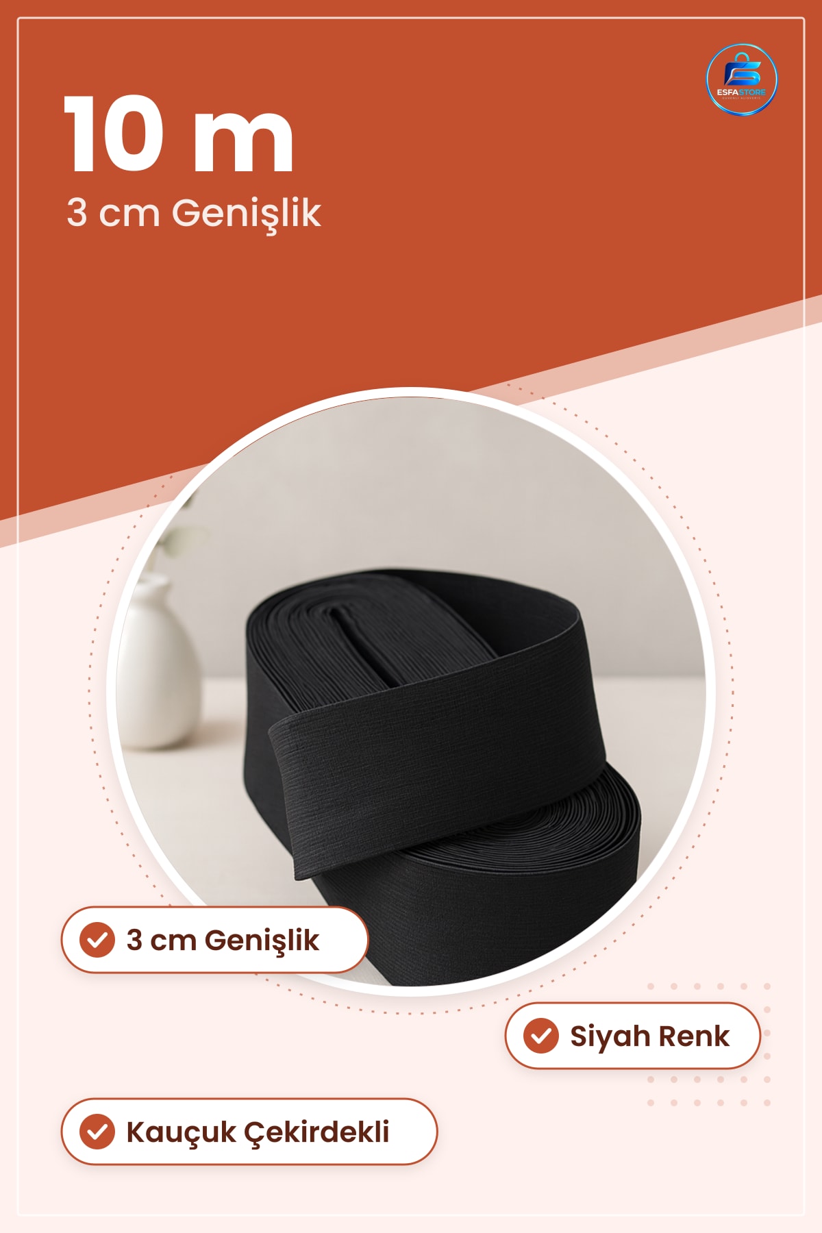 Paça Lastii Geniş Siyah 3 cm 10 m Elastik Kauçuk Çekirdekli Polyester Kumaş Dikiş Terzilik Bel