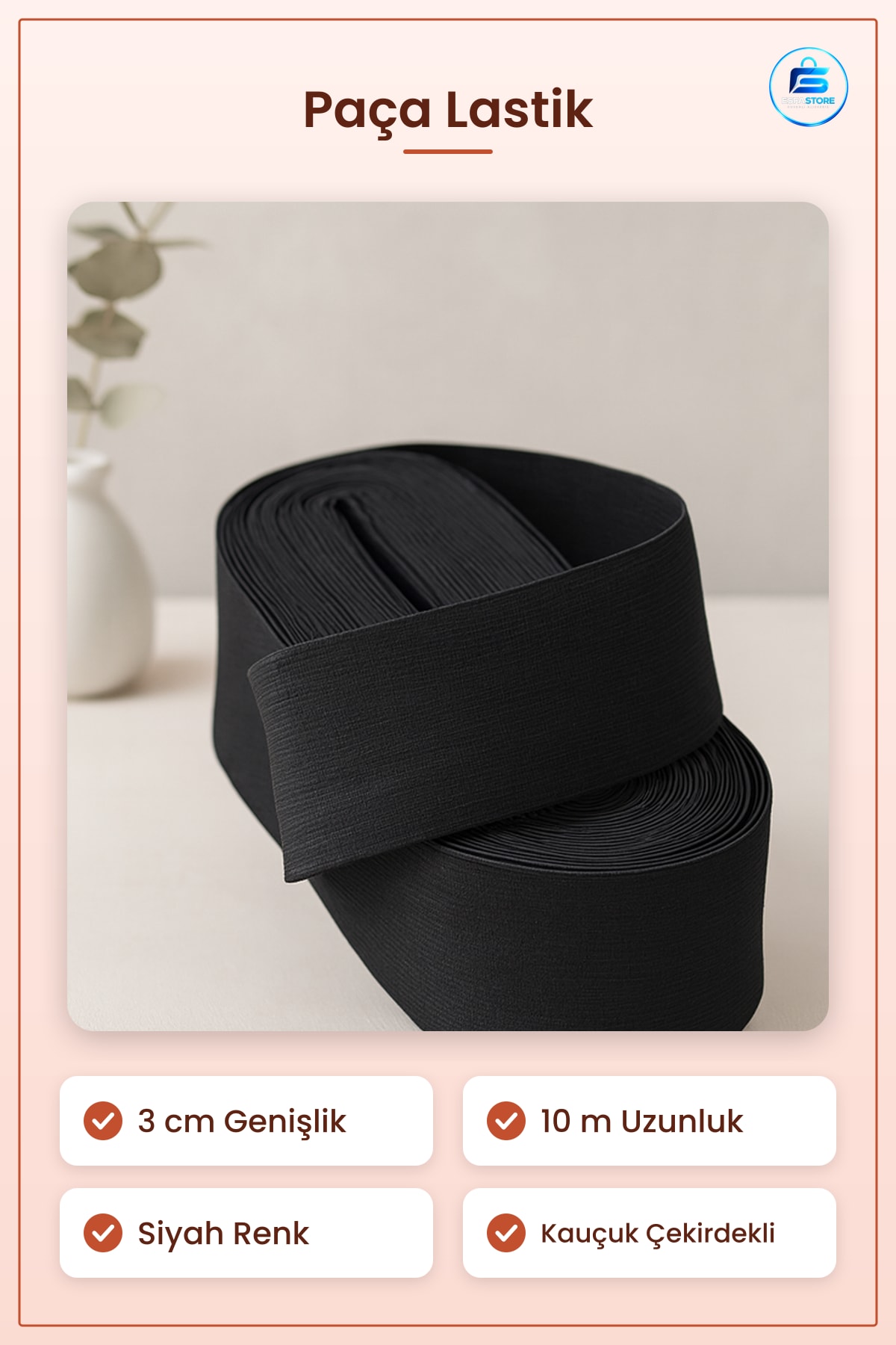 Paça Lastii Geniş Siyah 3 cm 10 m Elastik Kauçuk Çekirdekli Polyester Kumaş Dikiş Terzilik Bel