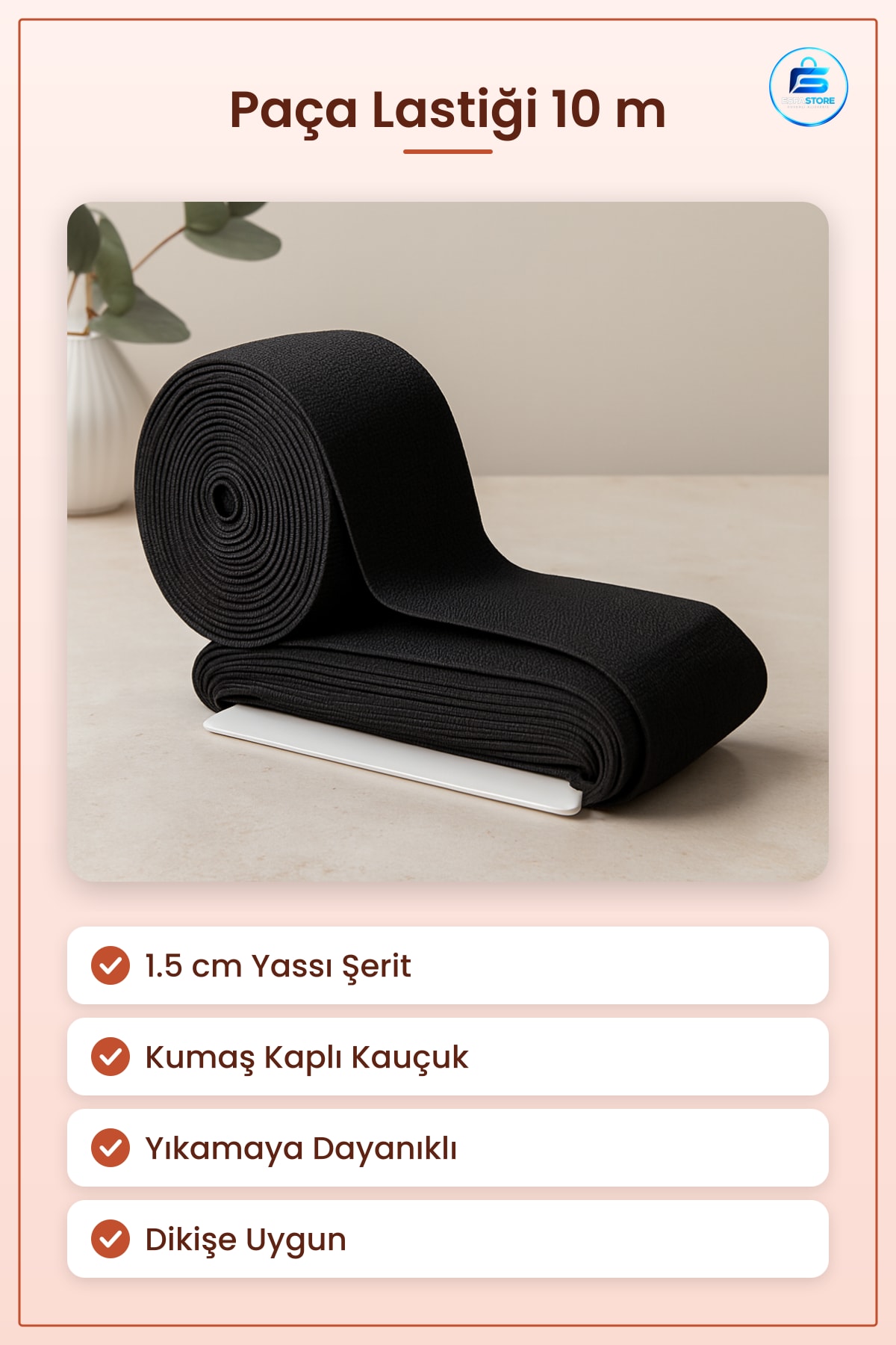 Paça Lastikı Siyah Yassı 1.5 cm 10 m Elastik Kauçuk Kumaş Kaplı Dikiş Terzilik Bel Manşet