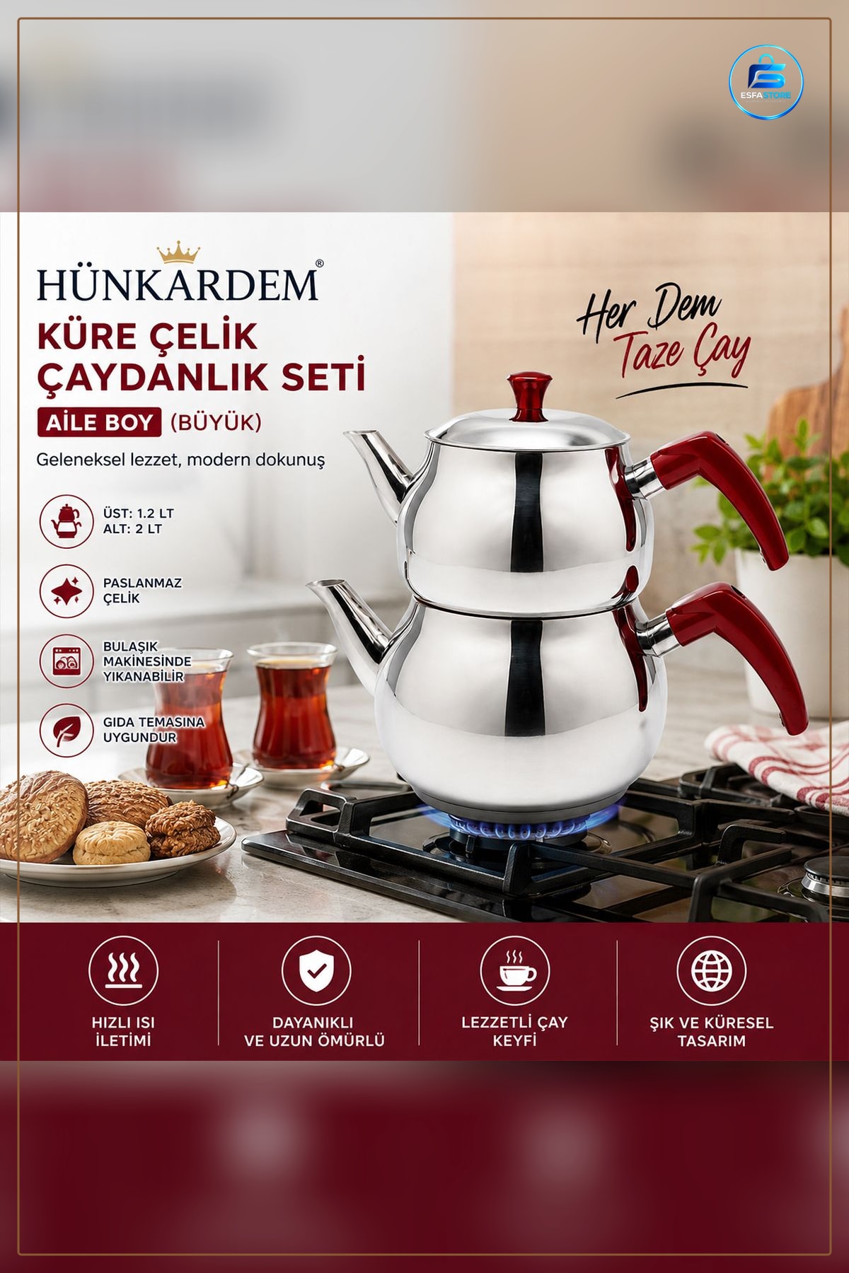 Çaydınlık Seti Büyük Küre Çelik Üst 1.2 Lt Alt 2.0 Paslanmaz Demlik Ergonomik Sap Servis
