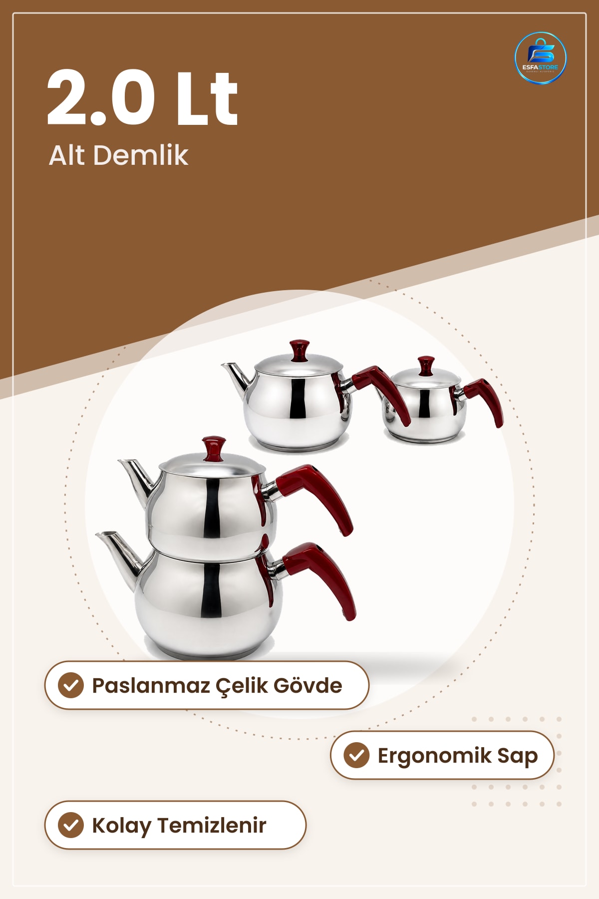 Çaydınlık Seti Büyük Küre Çelik Üst 1.2 Lt Alt 2.0 Paslanmaz Demlik Ergonomik Sap Servis