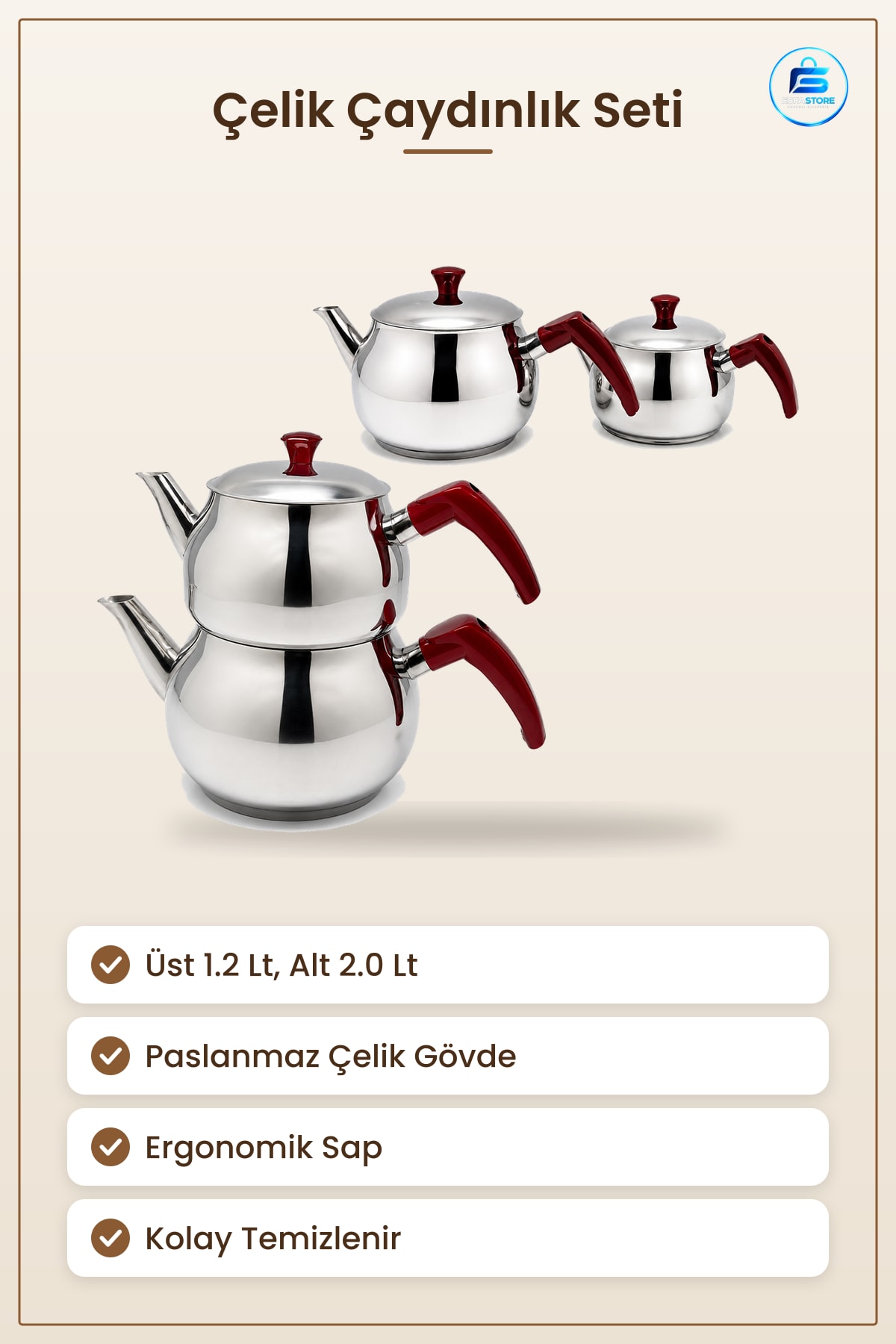 Çaydınlık Seti Büyük Küre Çelik Üst 1.2 Lt Alt 2.0 Paslanmaz Demlik Ergonomik Sap Servis