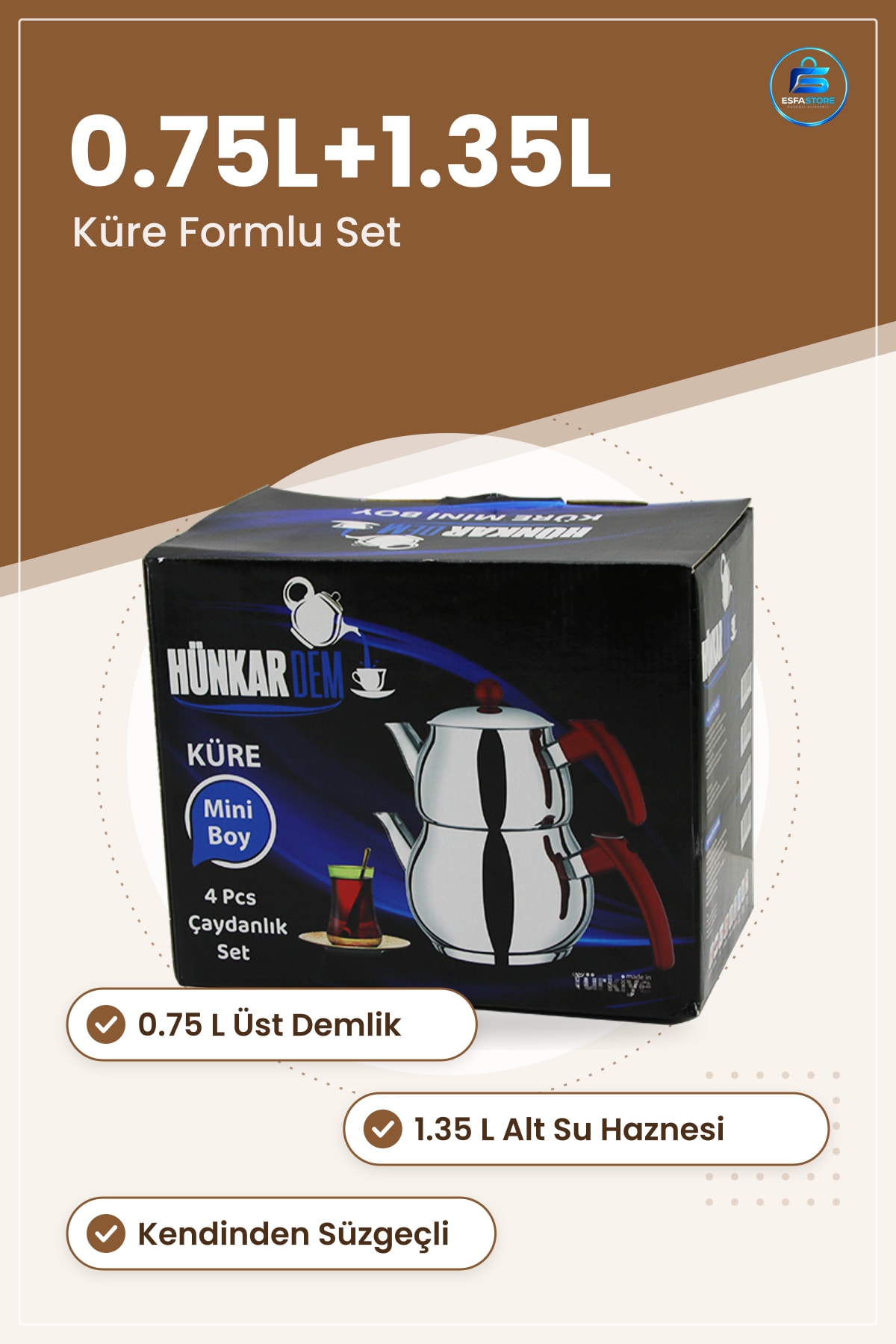 Mini Çelik Çaydanlık Seti 0.75L+1.35L Kendinden Süzgeçli Bakalit Kulplu Küre Demlik Ev