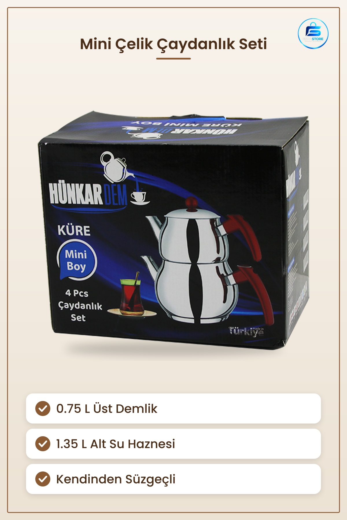 Mini Çelik Çaydanlık Seti 0.75L+1.35L Kendinden Süzgeçli Bakalit Kulplu Küre Demlik Ev