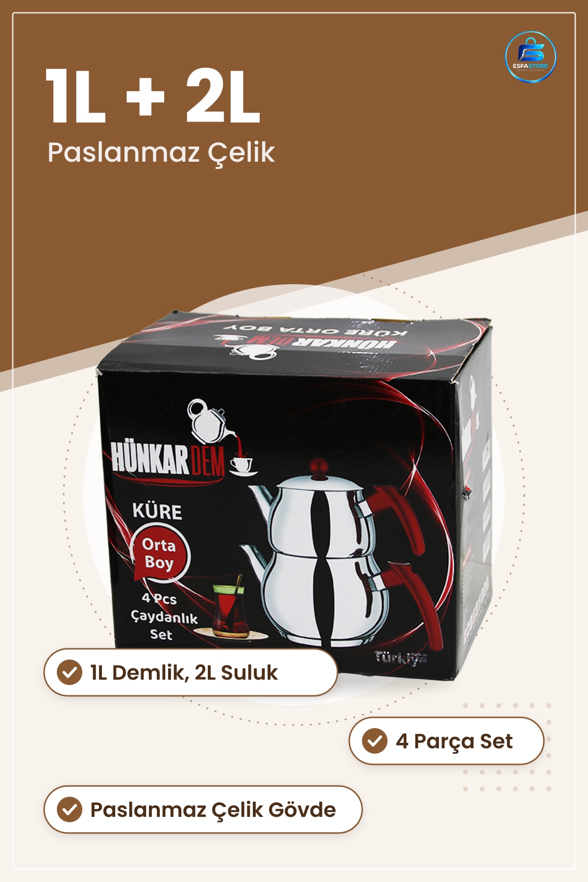 Çaydanlık Seti Küre Model Paslanmaz Çelik 1L 2L Kırmızı Bakalit Kulplu Demlik Ev Ofis Sofra