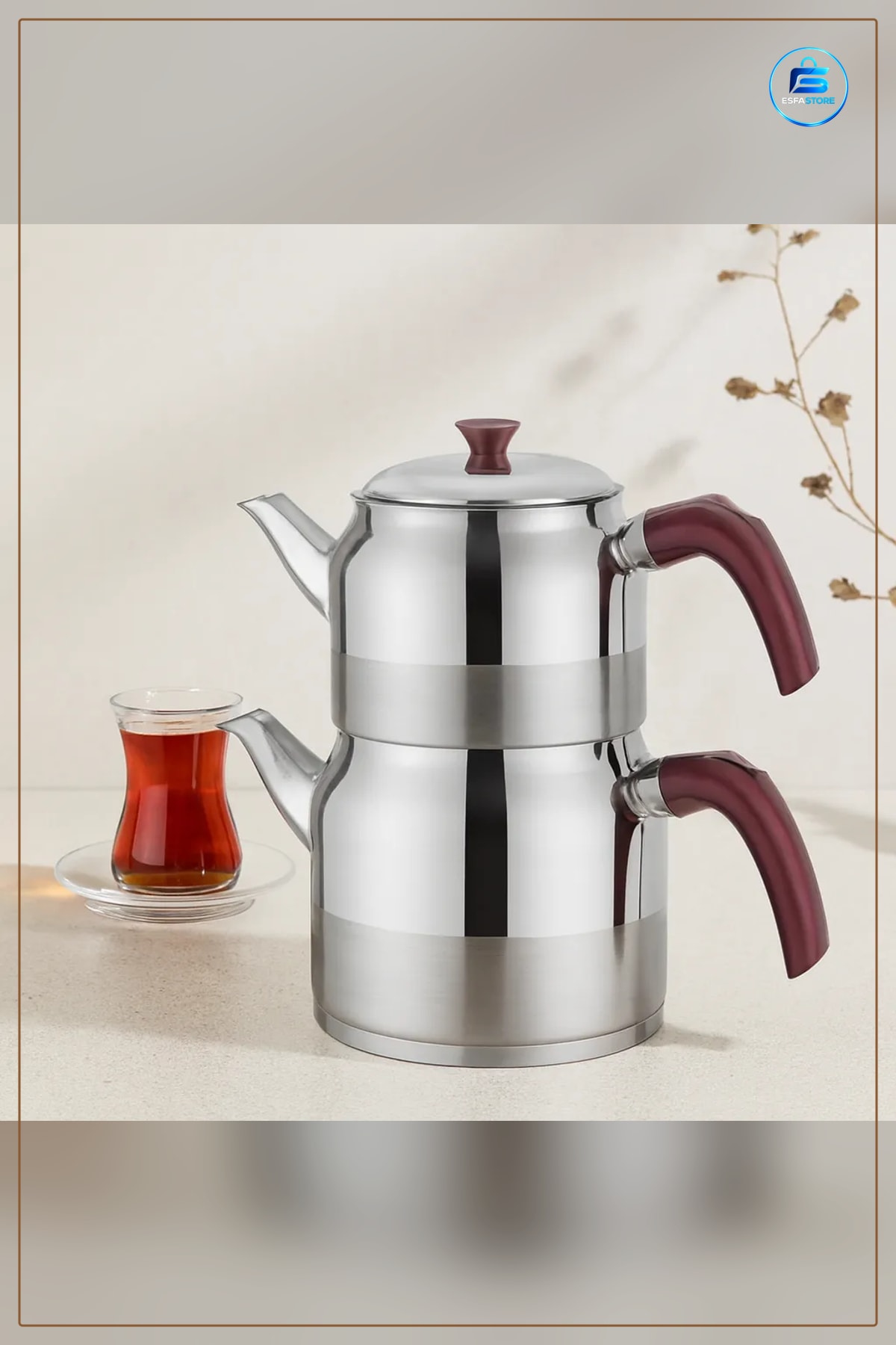 Paslanmaz Çaydanlık Seti Aile Boy 1.5L + 3L Kendinden Süzgeçli Demlik Takımı Bakalit Kulplu