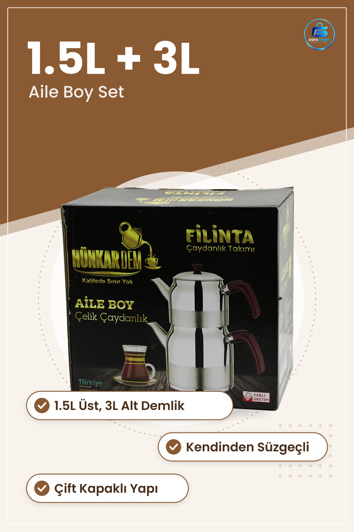 Paslanmaz Çaydanlık Seti Aile Boy 1.5L + 3L Kendinden Süzgeçli Demlik Takımı Bakalit Kulplu
