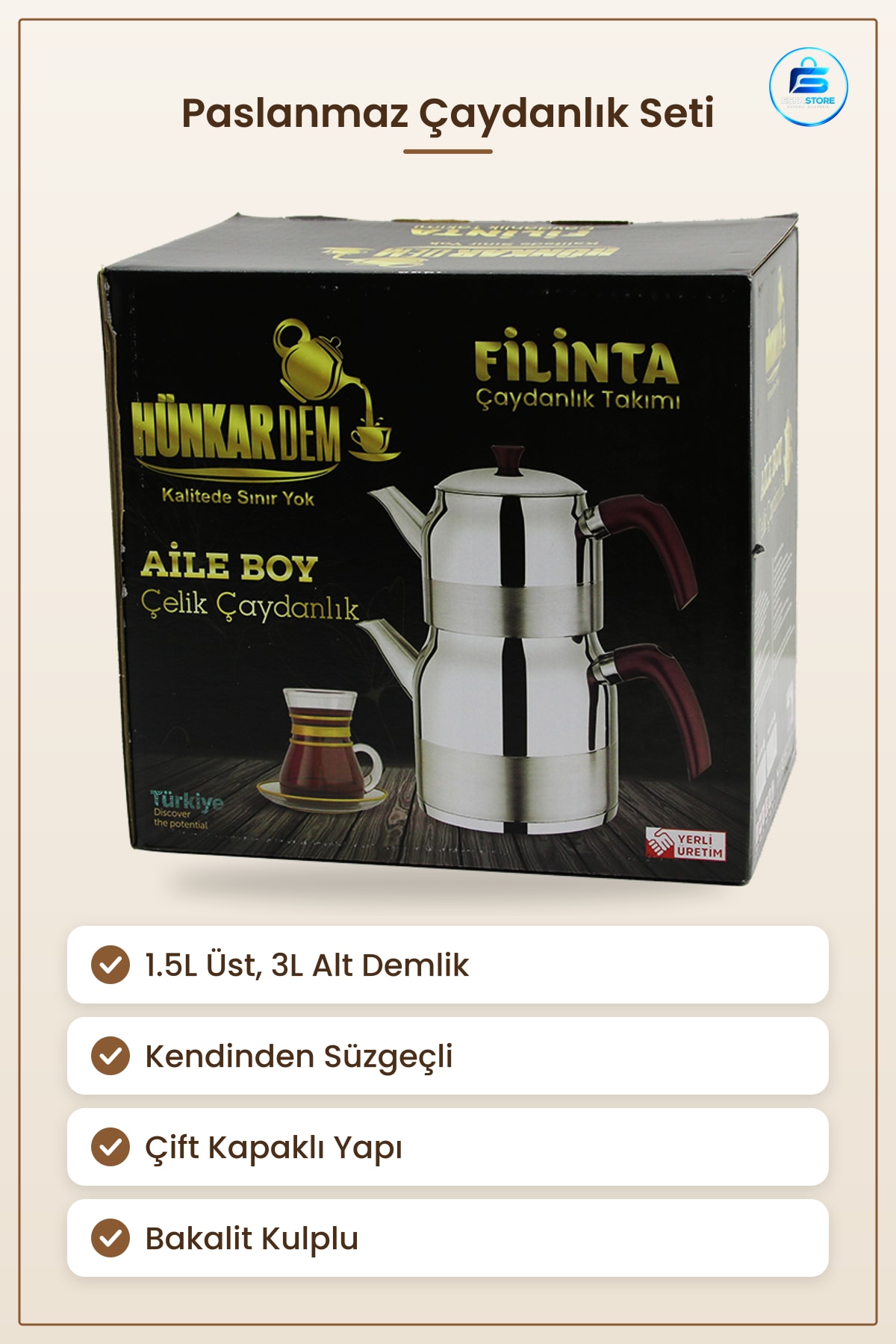 Paslanmaz Çaydanlık Seti Aile Boy 1.5L + 3L Kendinden Süzgeçli Demlik Takımı Bakalit Kulplu