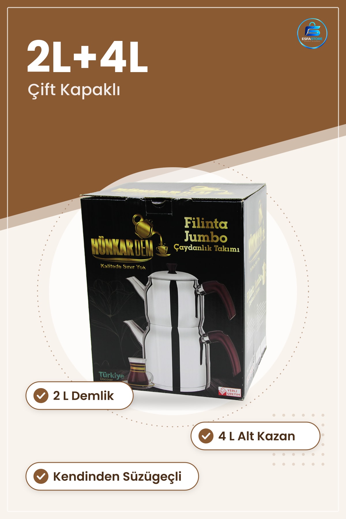 Jumbo Paslanmaz Çelik Çaydanlık Seti 2L+4L Çift Kapaklı Kendinden Süzgeçli Demlik Mutfak