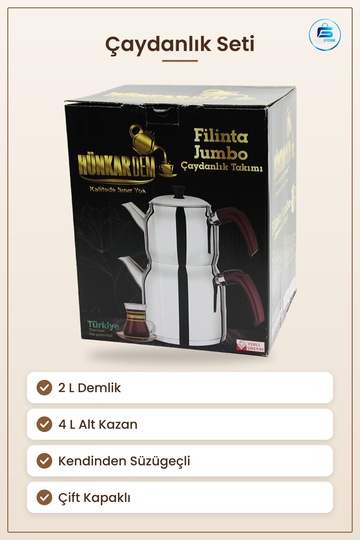 Jumbo Paslanmaz Çelik Çaydanlık Seti 2L+4L Çift Kapaklı Kendinden Süzgeçli Demlik Mutfak