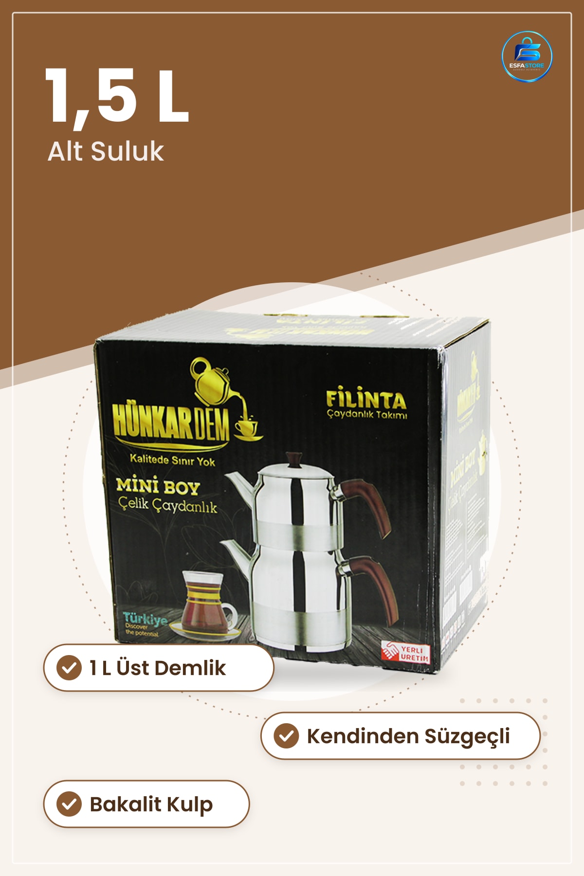 Çelik Mini Çaydanlık Seti Çift Kapaklı 1L 1,5L Kendinden Süzügeli Bakalit Kulplu Demlik